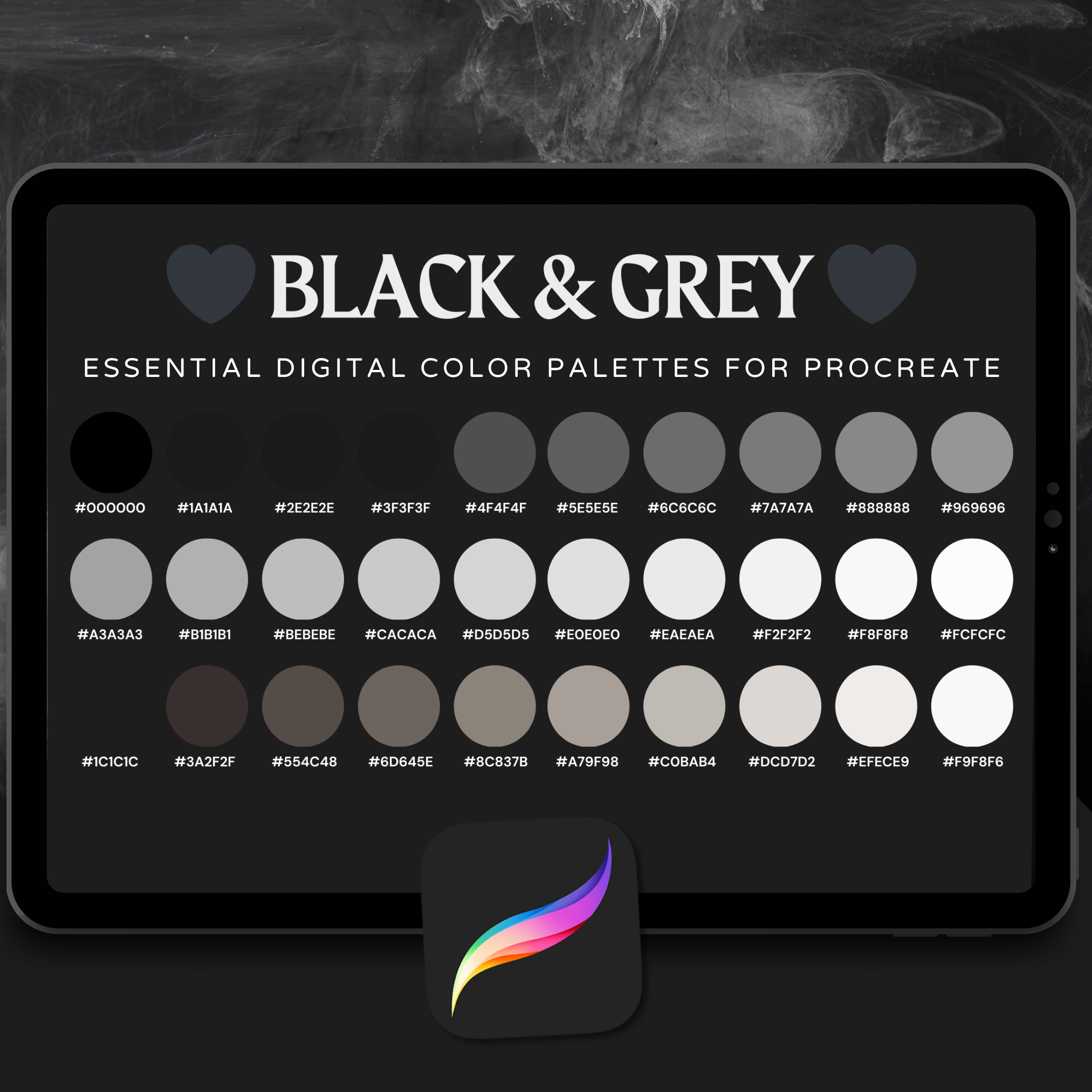 Black & Grey Tattoo Colour Palette for Procreate – Shading Tones + Hex Chart