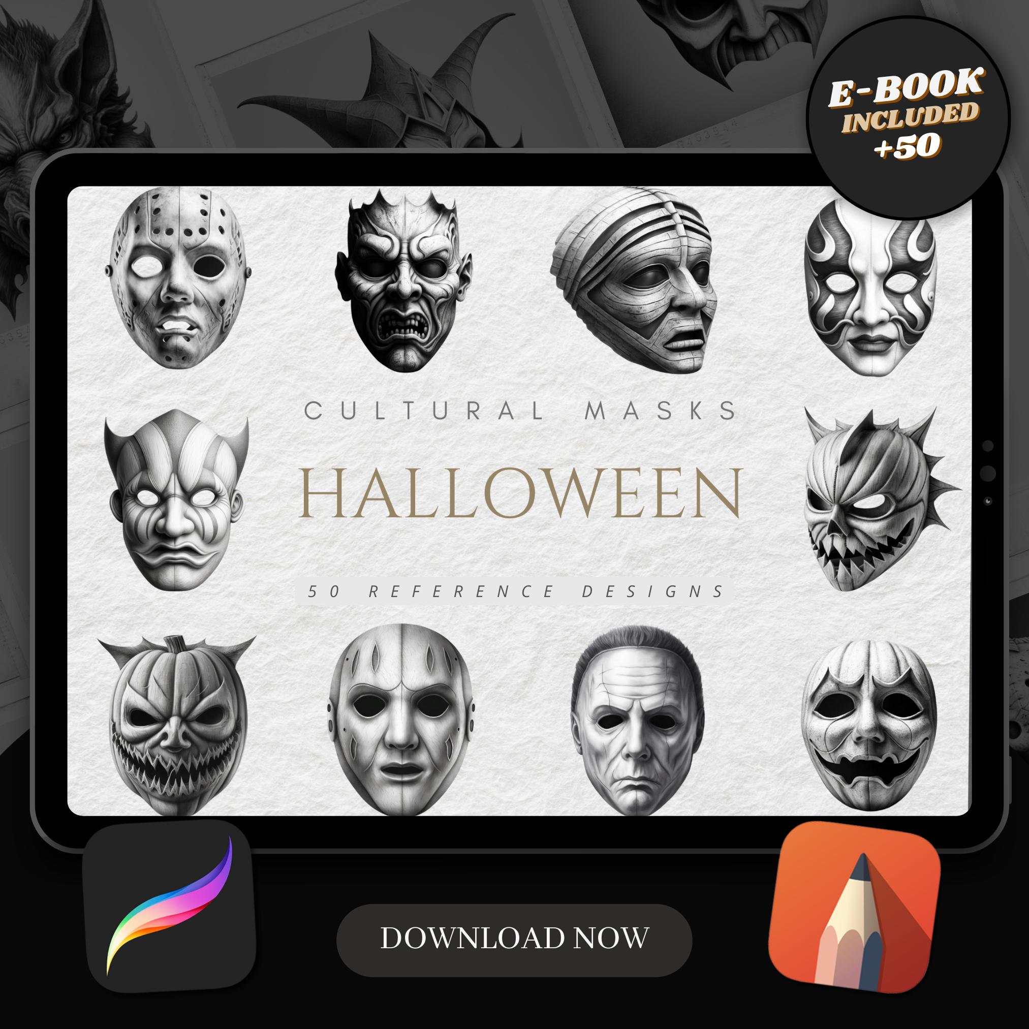 Halloween Masks Digital Reference Design Collection: 50 Procreate & Sketchbook Images