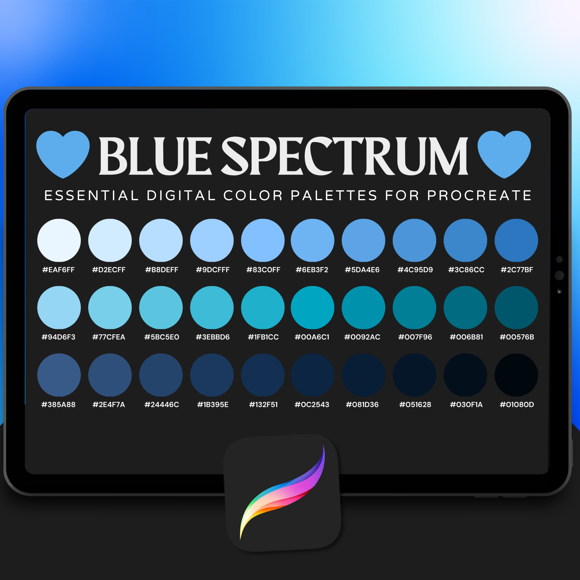 Blue Spectrum Tattoo Colour Palette for Procreate – Nautical Ink Tones + Hex Chart