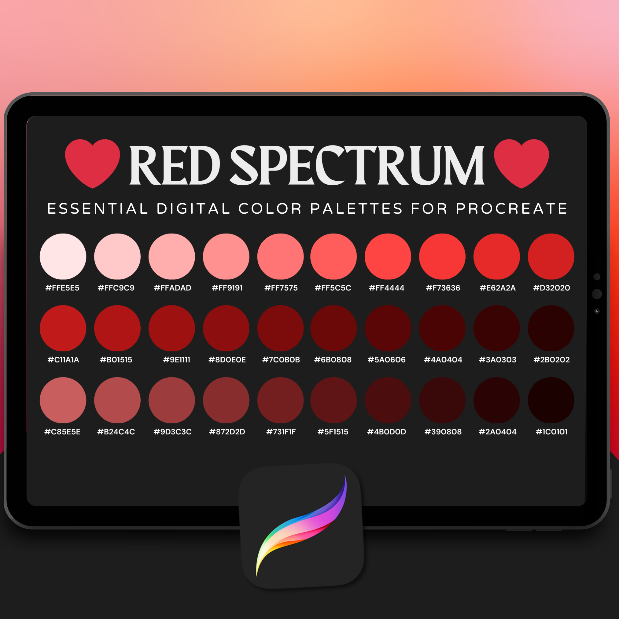 Red Spectrum Tattoo Colour Palette for Procreate – Bold Ink Tones + Hex Chart