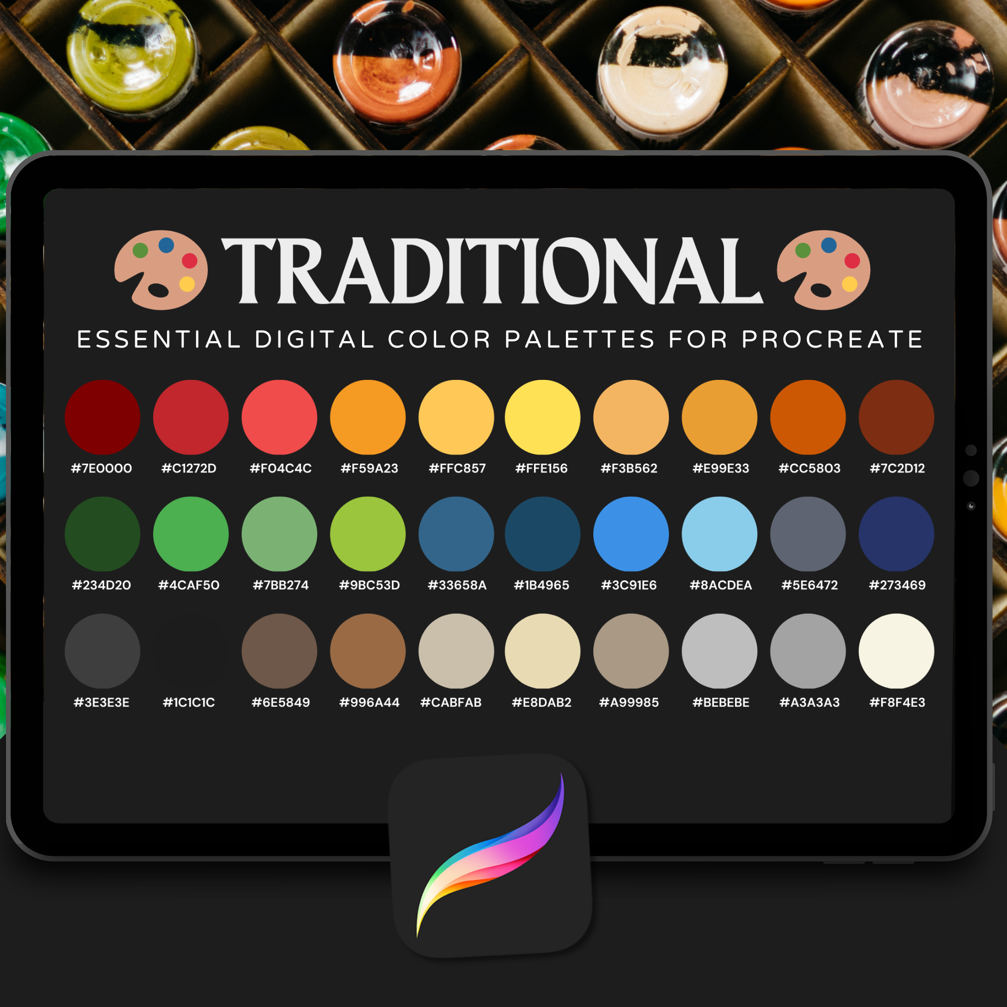 Traditional Tattoo Colour Palette for Procreate – 30 Ink Tones + PNG Chart