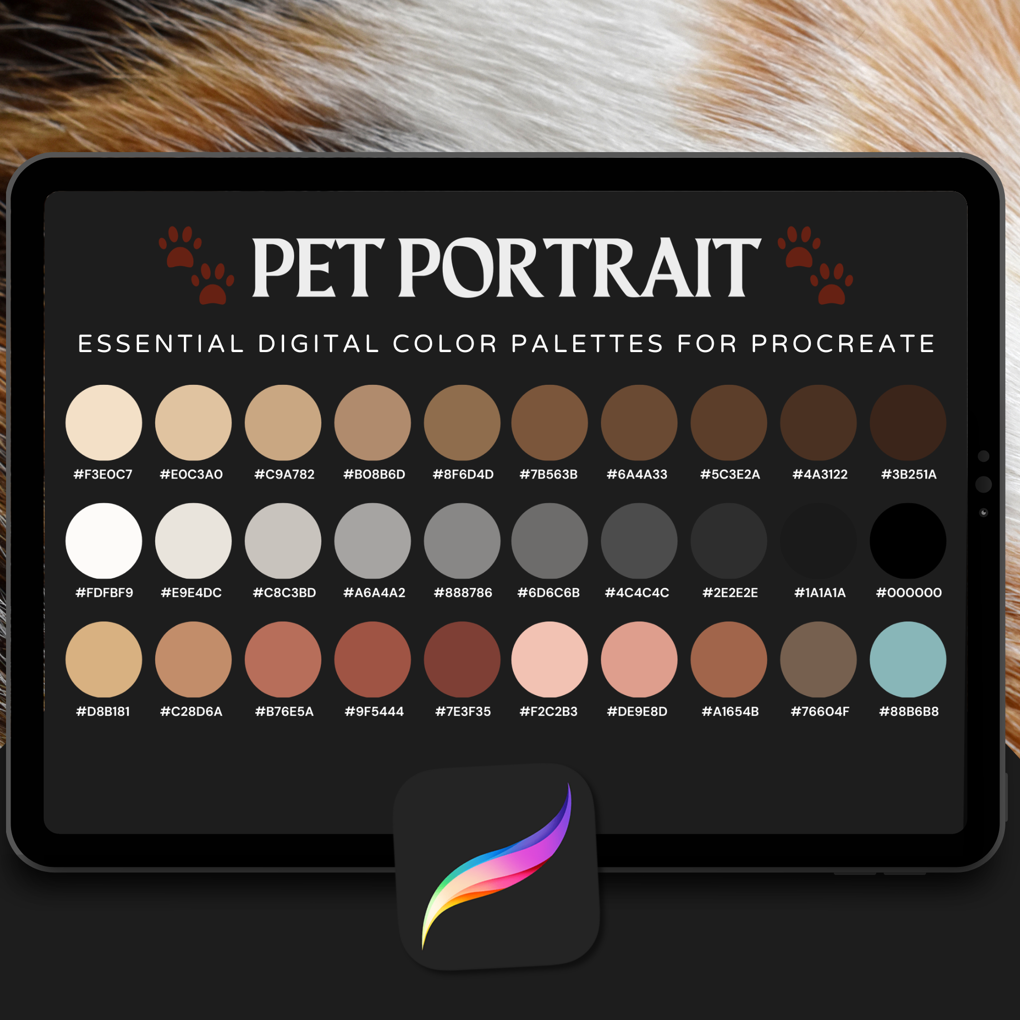 Pet Portrait Tattoo Colour Palette for Procreate – Animal Fur Ink Tones + Hex Chart