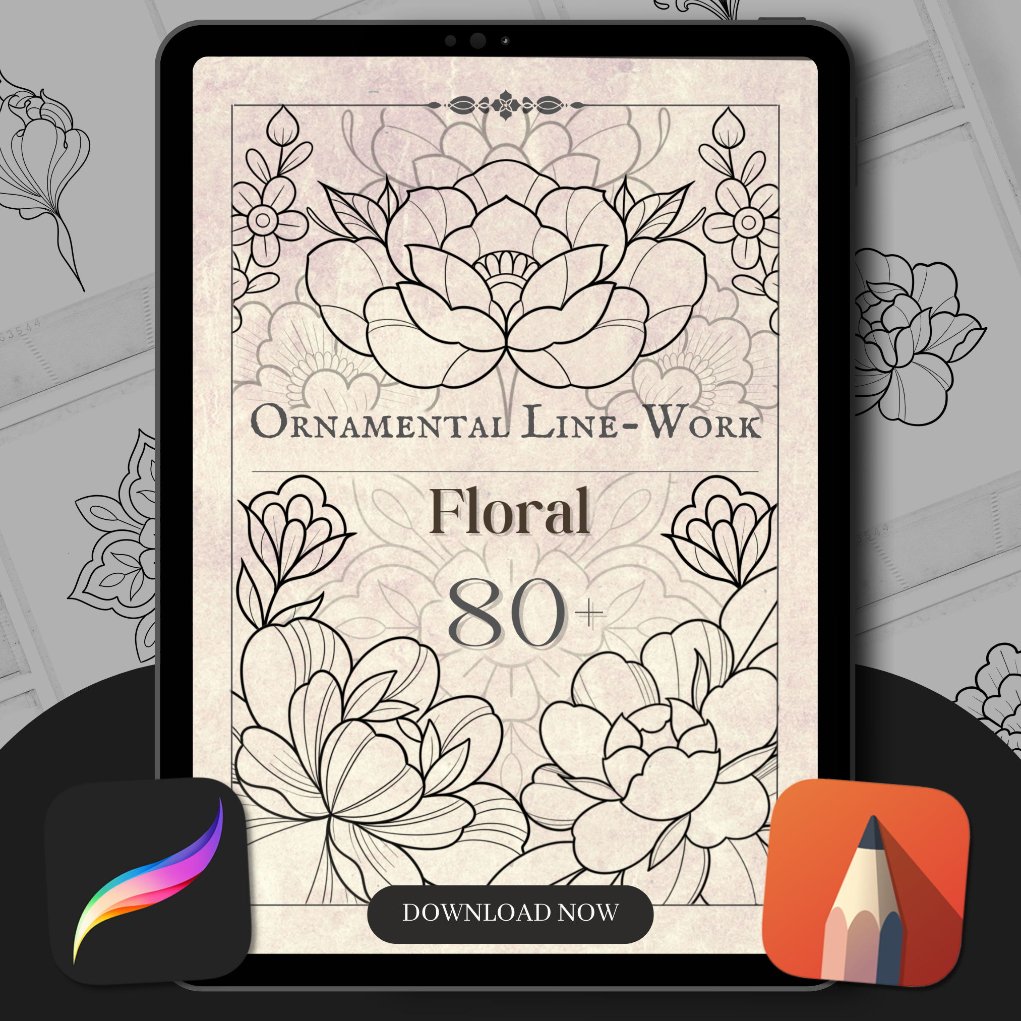 Ornamental Floral Flash Stamp Set – 80 Procreate & Sketchbook Stamps for Tattoo Artists 🌸✨
