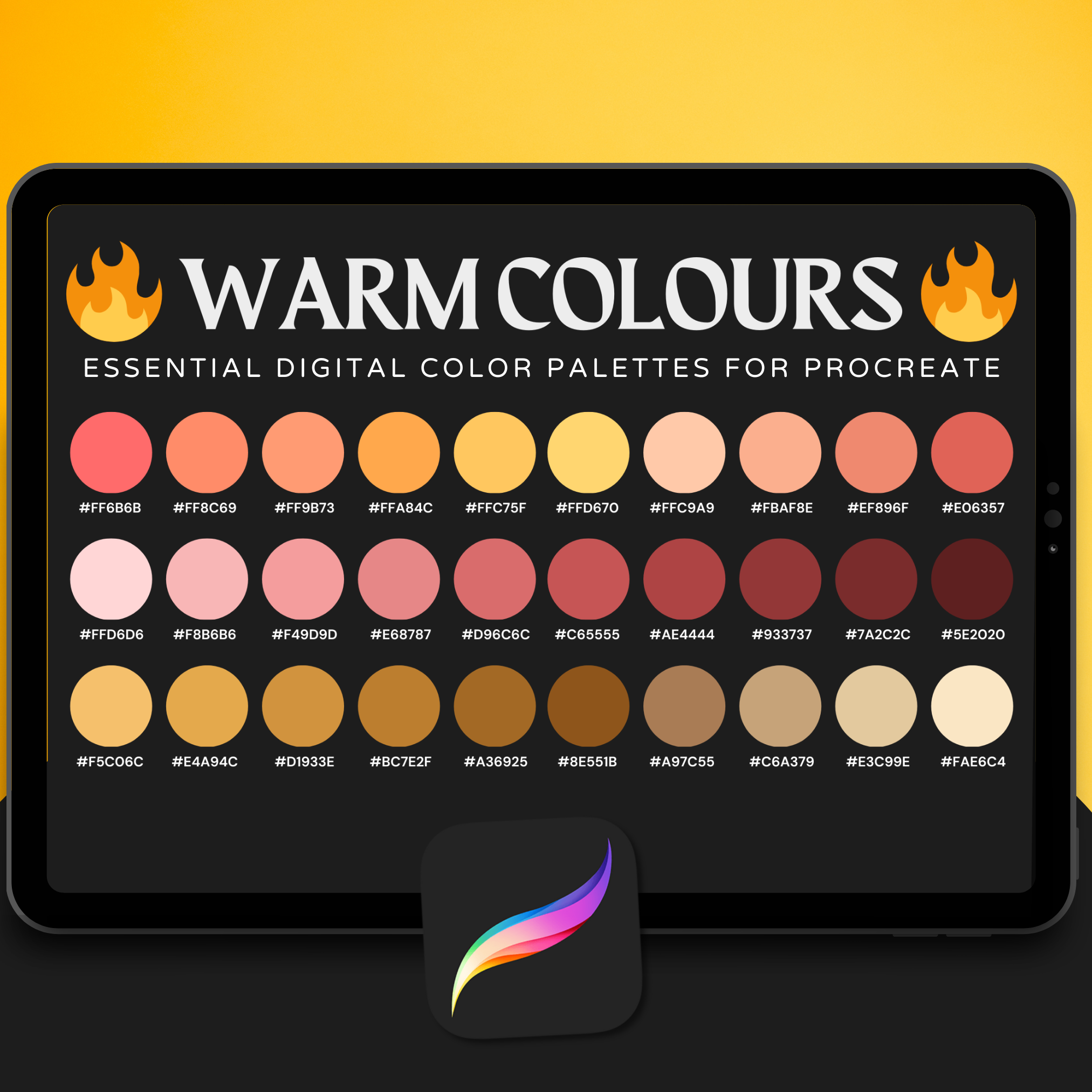 Warm Colours Tattoo Palette for Procreate – Red, Orange & Yellow Ink Tones + Hex Chart