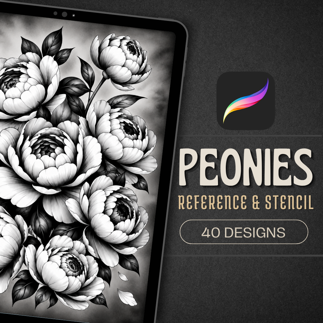 Peonies Procreate tattoo brush stamp set — design 1