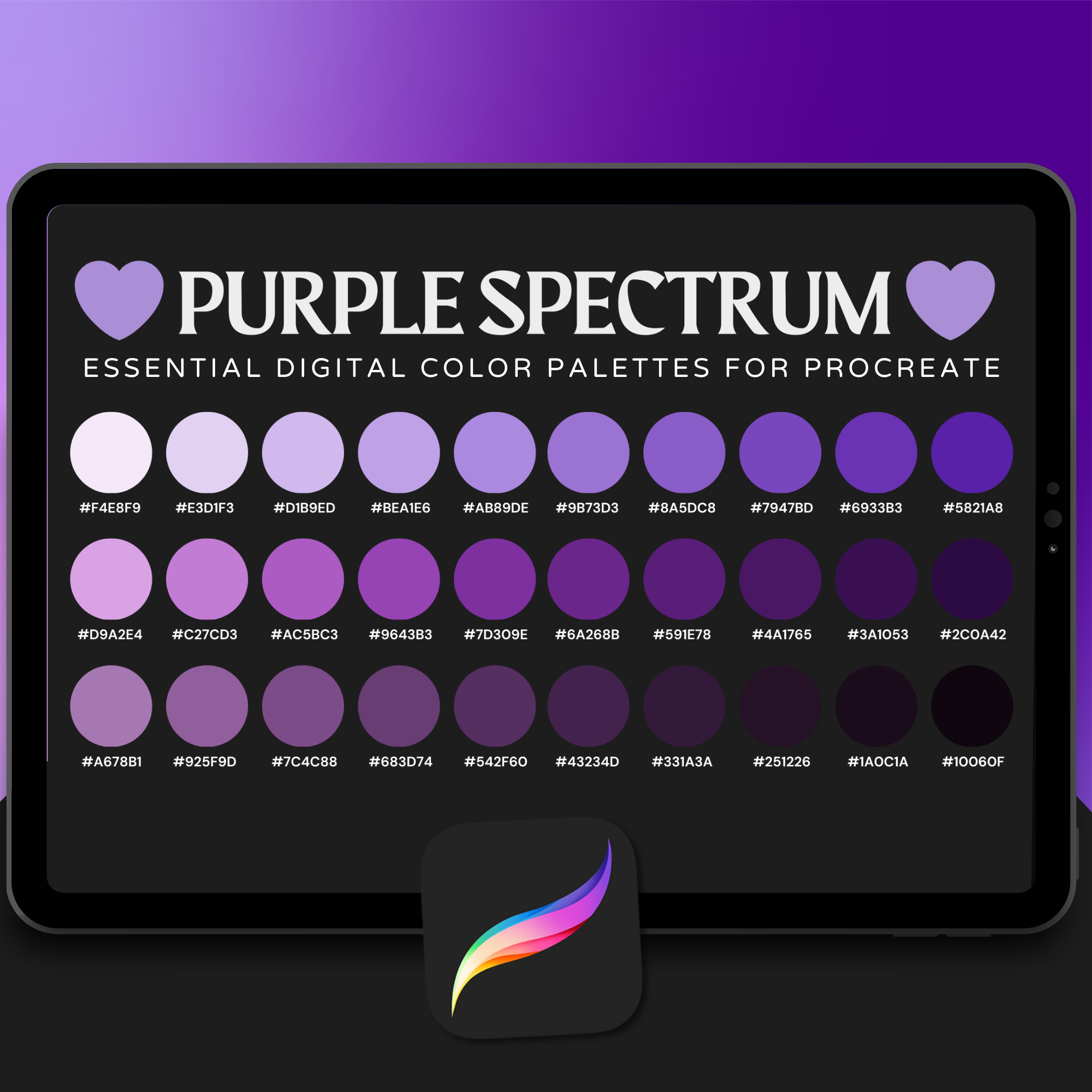 Purple Spectrum Tattoo Colour Palette for Procreate – Violet Ink Tones + Hex Chart