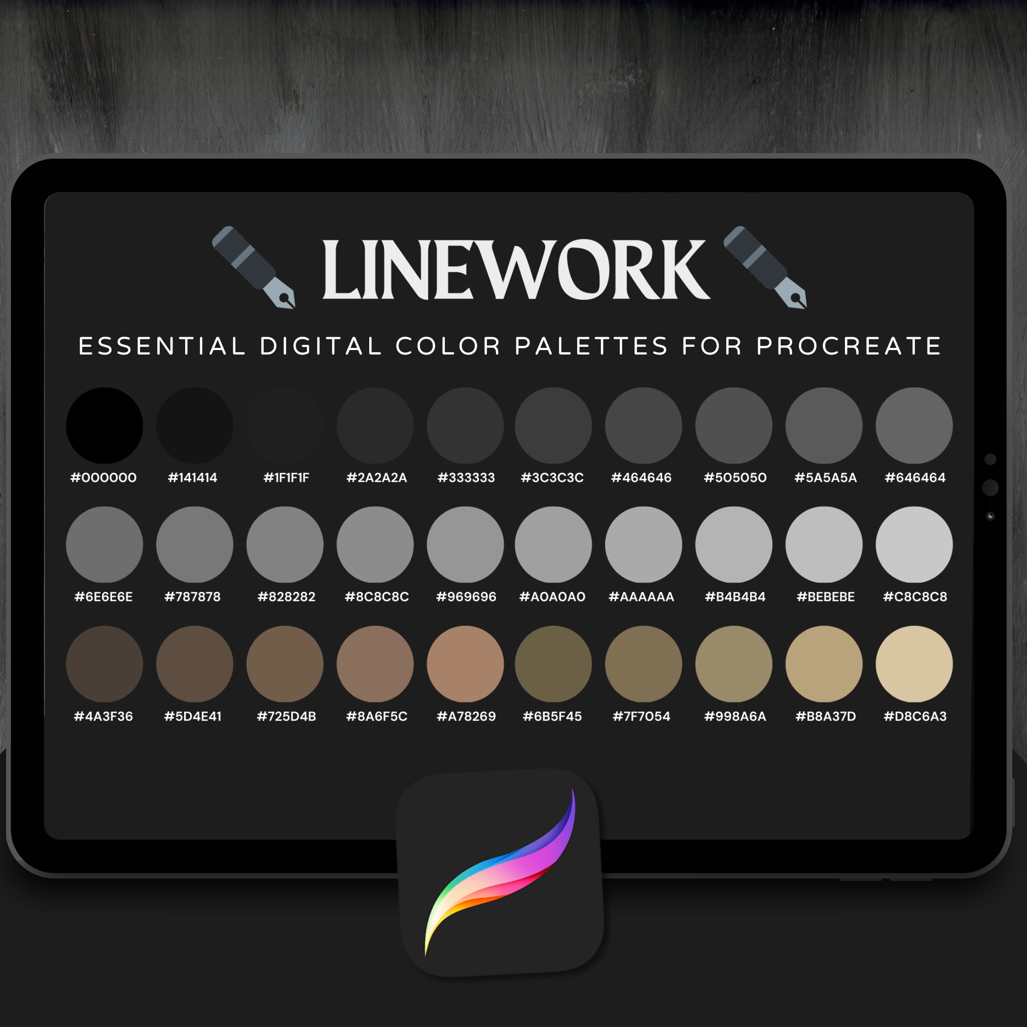 Linework Tattoo Colour Palette for Procreate – Bold & Minimal Ink Tones + Hex Chart