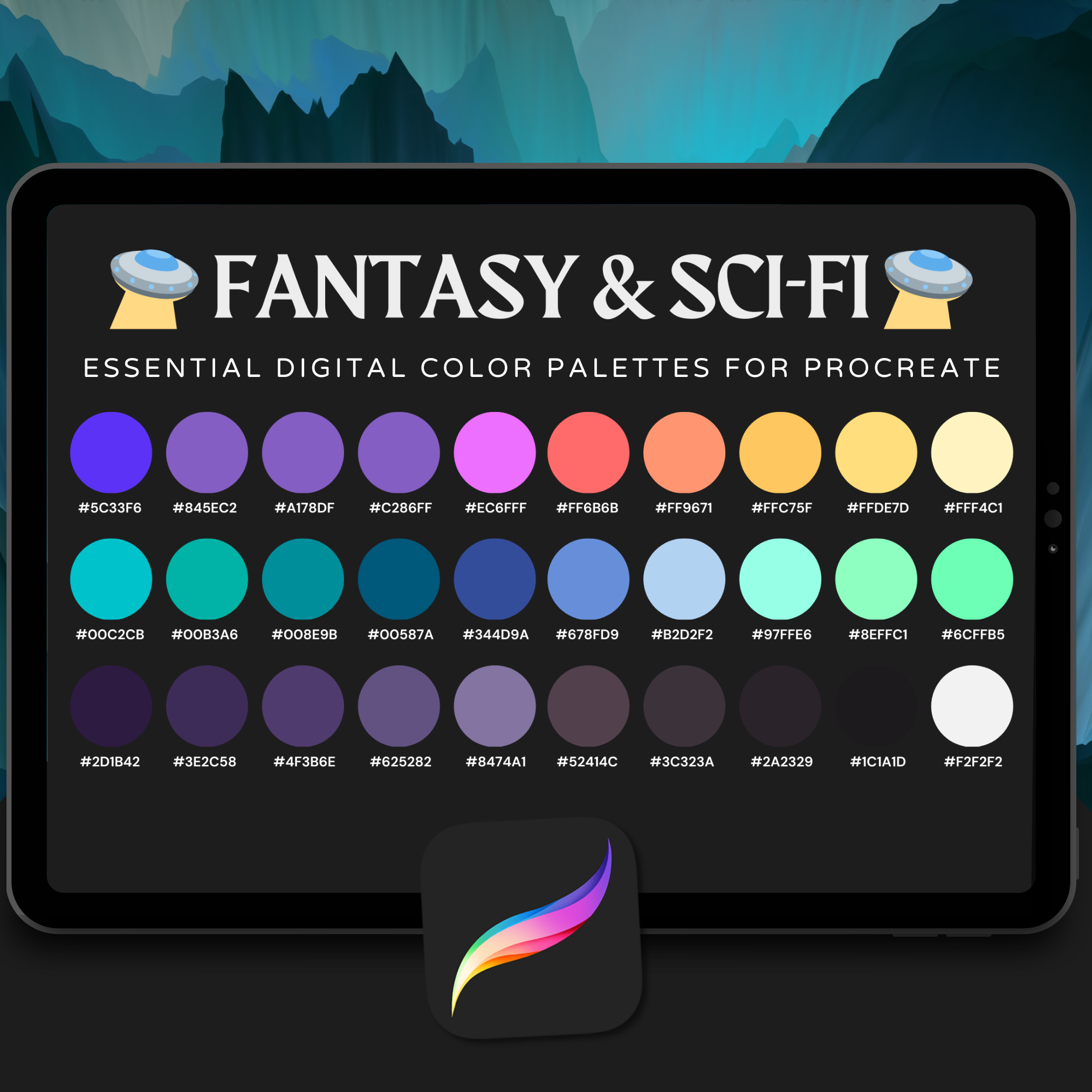 Fantasy & Sci-Fi Tattoo Colour Palette for Procreate – Surreal Ink Tones + Hex Chart