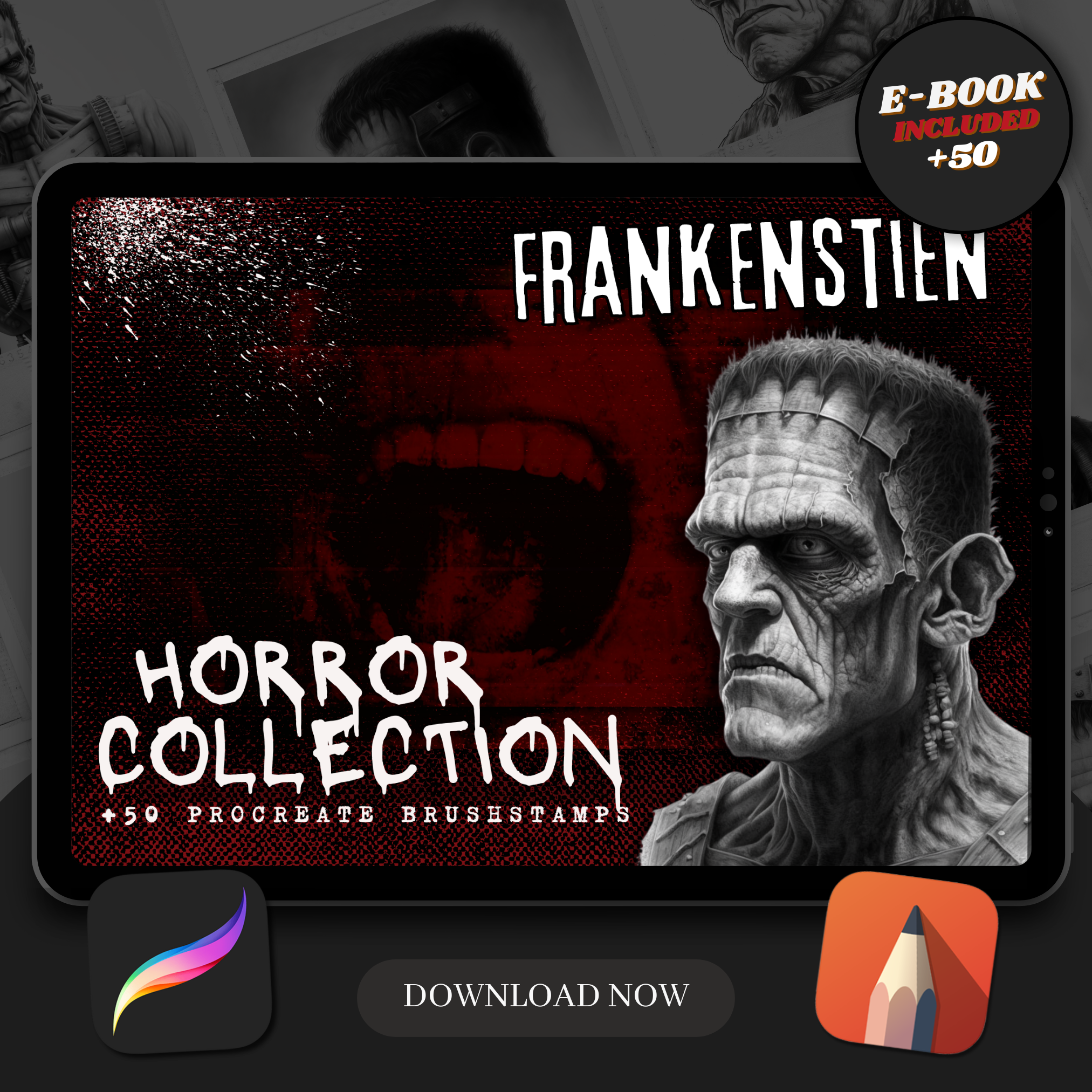 Frankenstein Monster Digital Horror Design Collection: 50 Procreate & Sketchbook Images