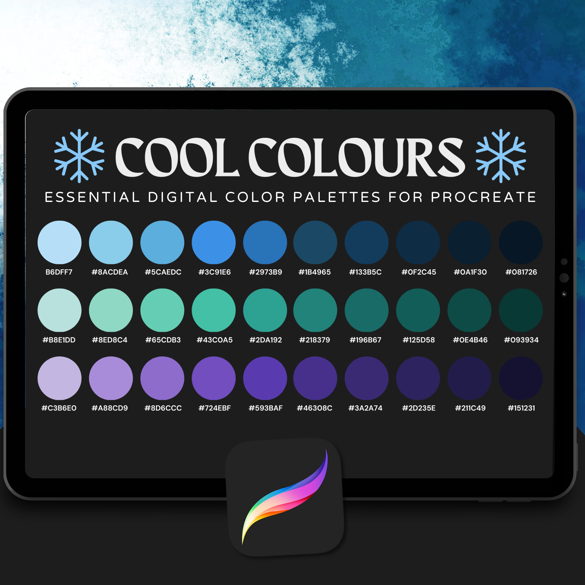 Cool Colours Tattoo Palette for Procreate – Blue, Purple & Teal Ink Tones + Hex Chart
