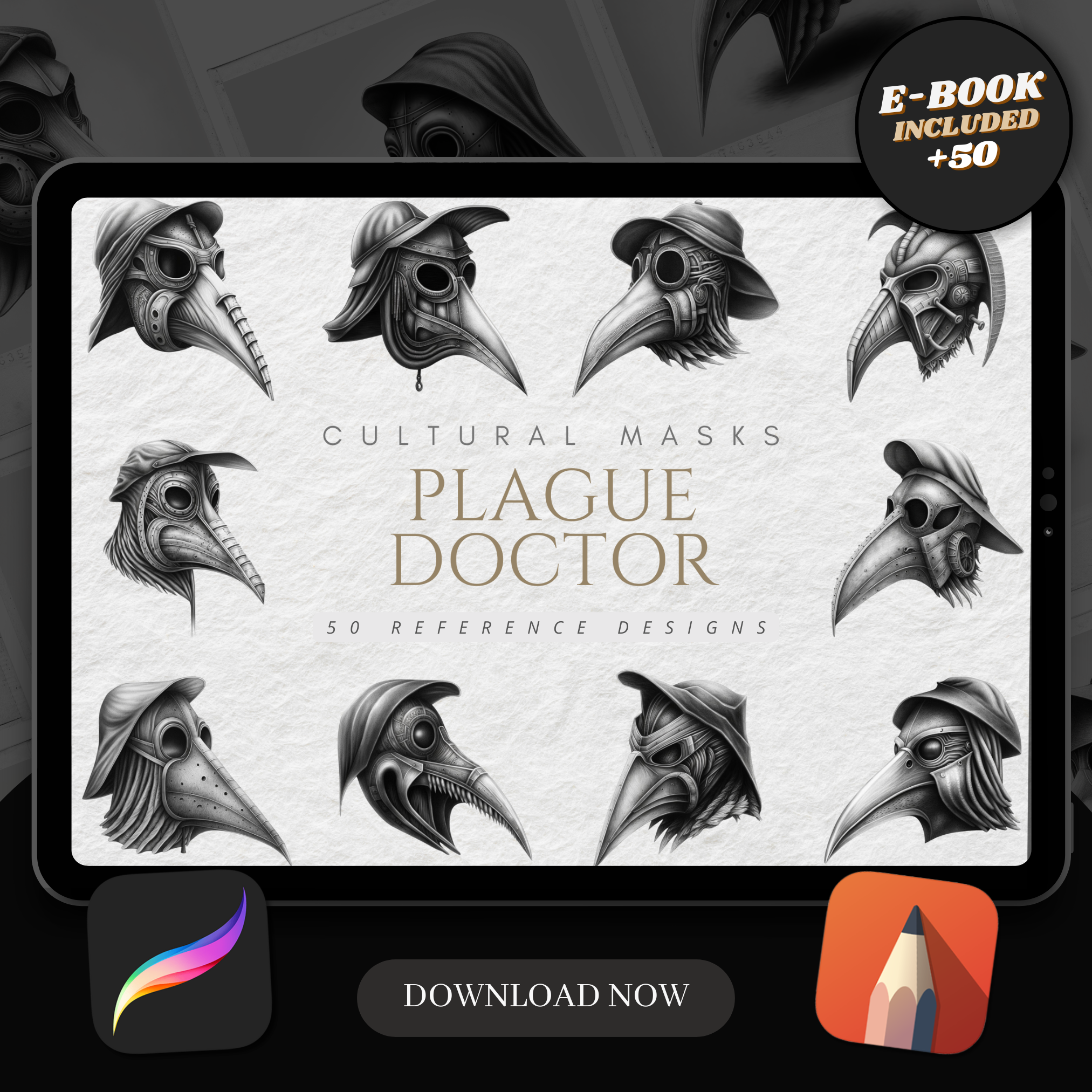 Plague Doctor Masks Digital Reference Design Collection: 50 Procreate & Sketchbook Images