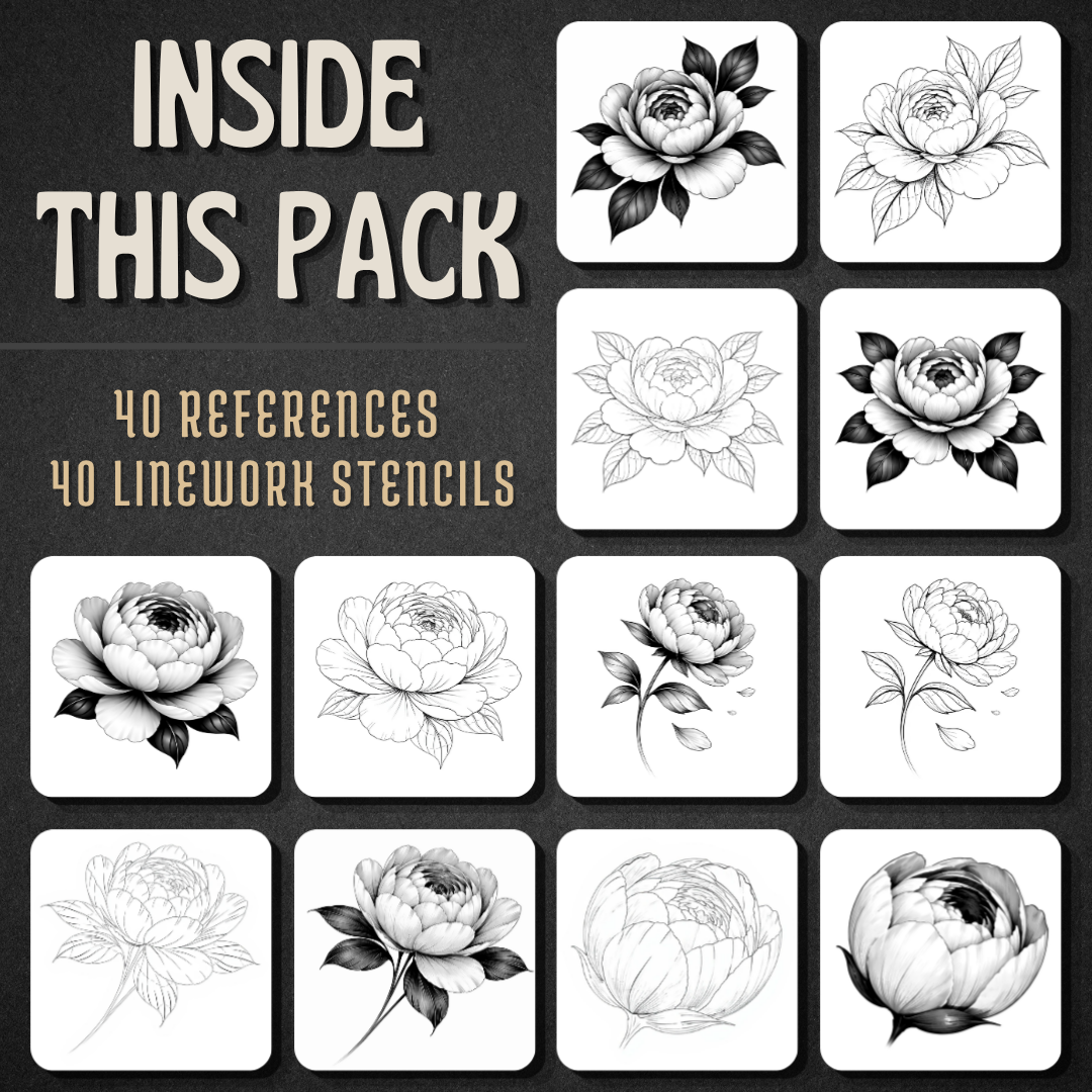 Peonies Procreate tattoo brush stamp set — design 2