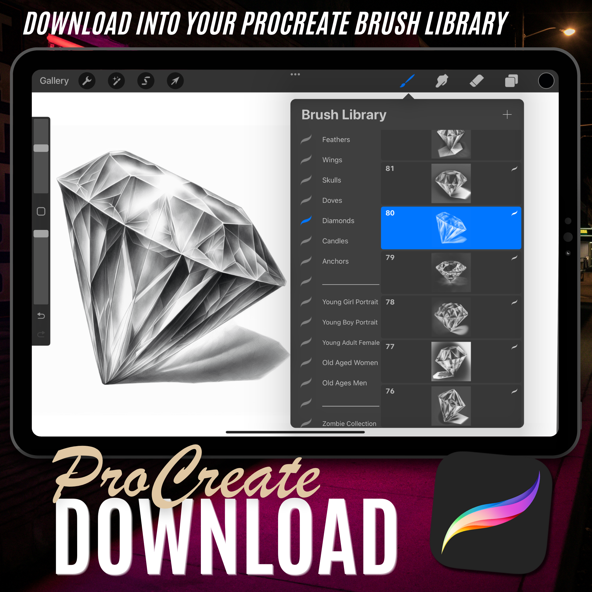 Diamonds Digital Tattoo Element Design Collection: 100 Procreate & Sketchbook Images