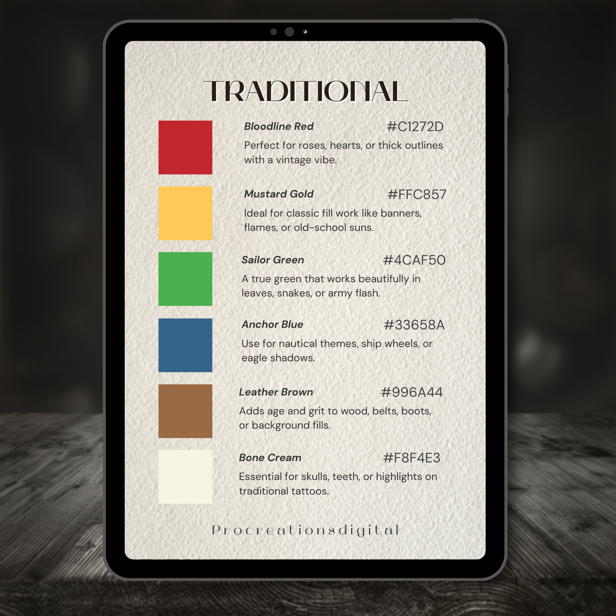 Traditional Tattoo Colour Palette for Procreate – 30 Ink Tones + PNG Chart