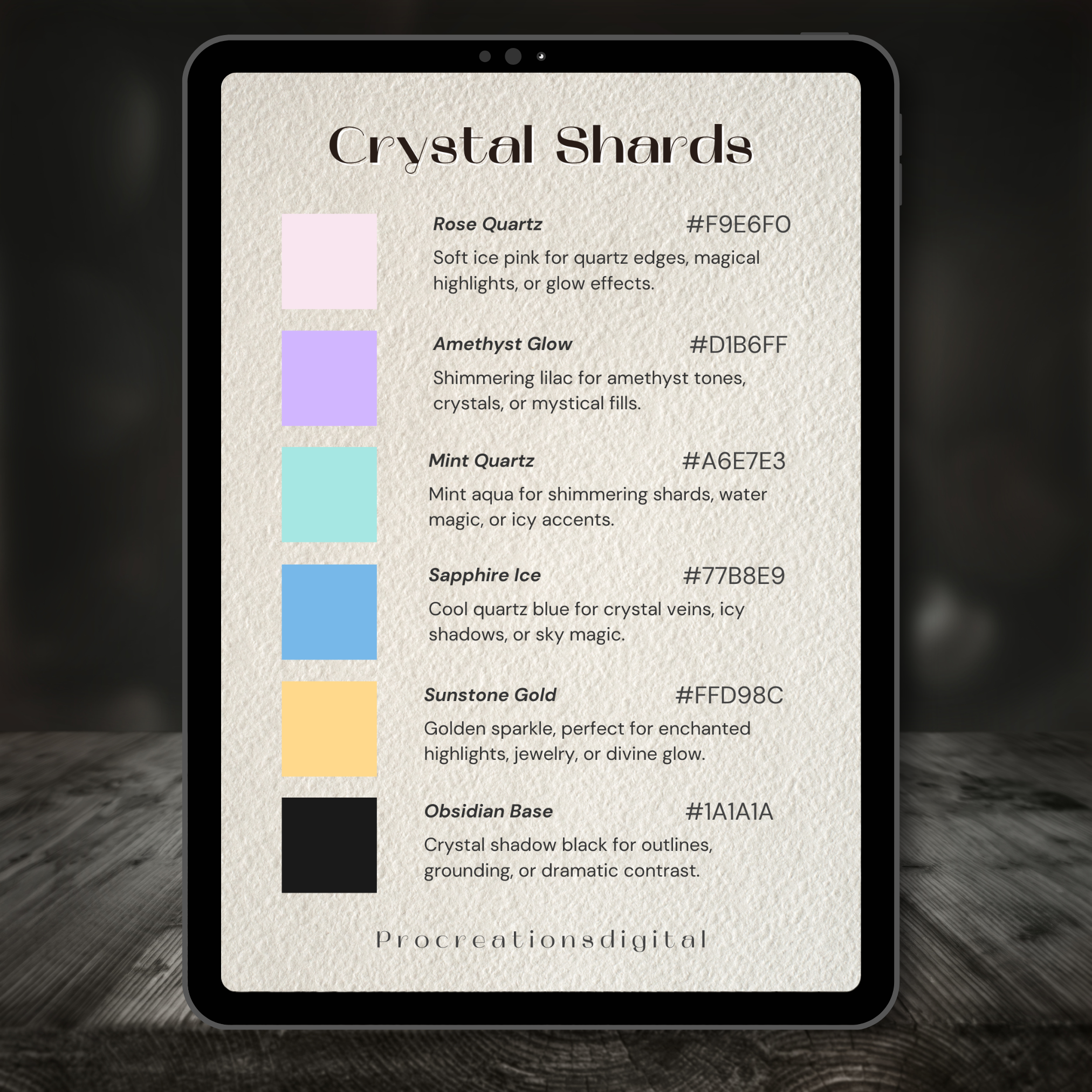 Crystal Shards Color Palette for Procreate – Gemstone Fantasy Tones + Hex Chart