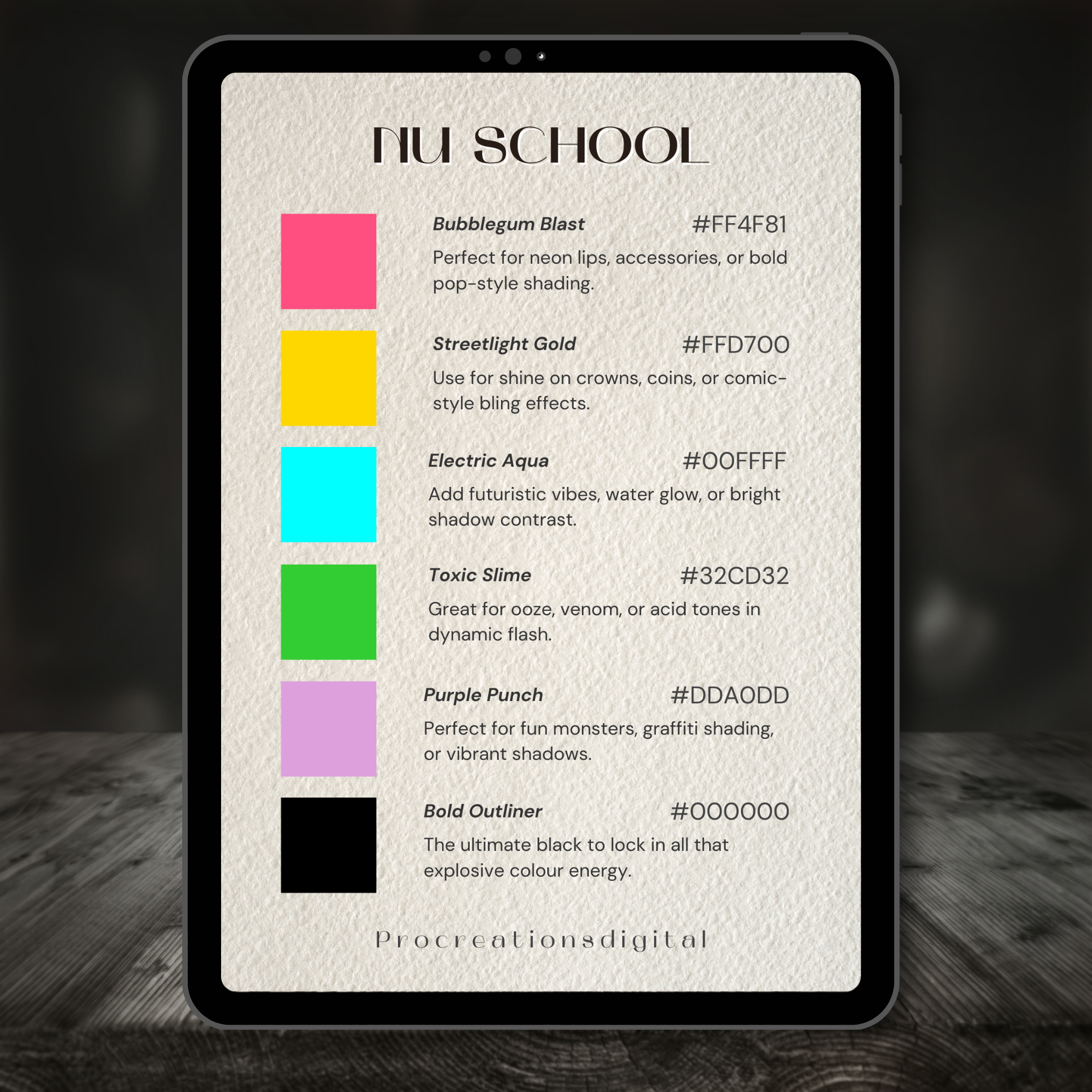 Nu School Tattoo Colour Palette for Procreate – Bright Ink Swatches + Hex Chart