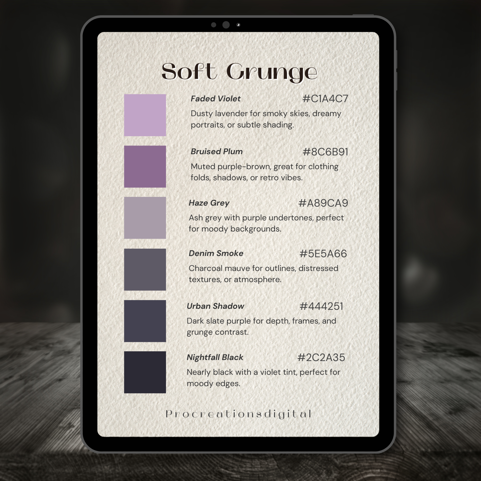 Soft Grunge Color Palette for Procreate – Muted 90s Underground Tones + Hex Chart