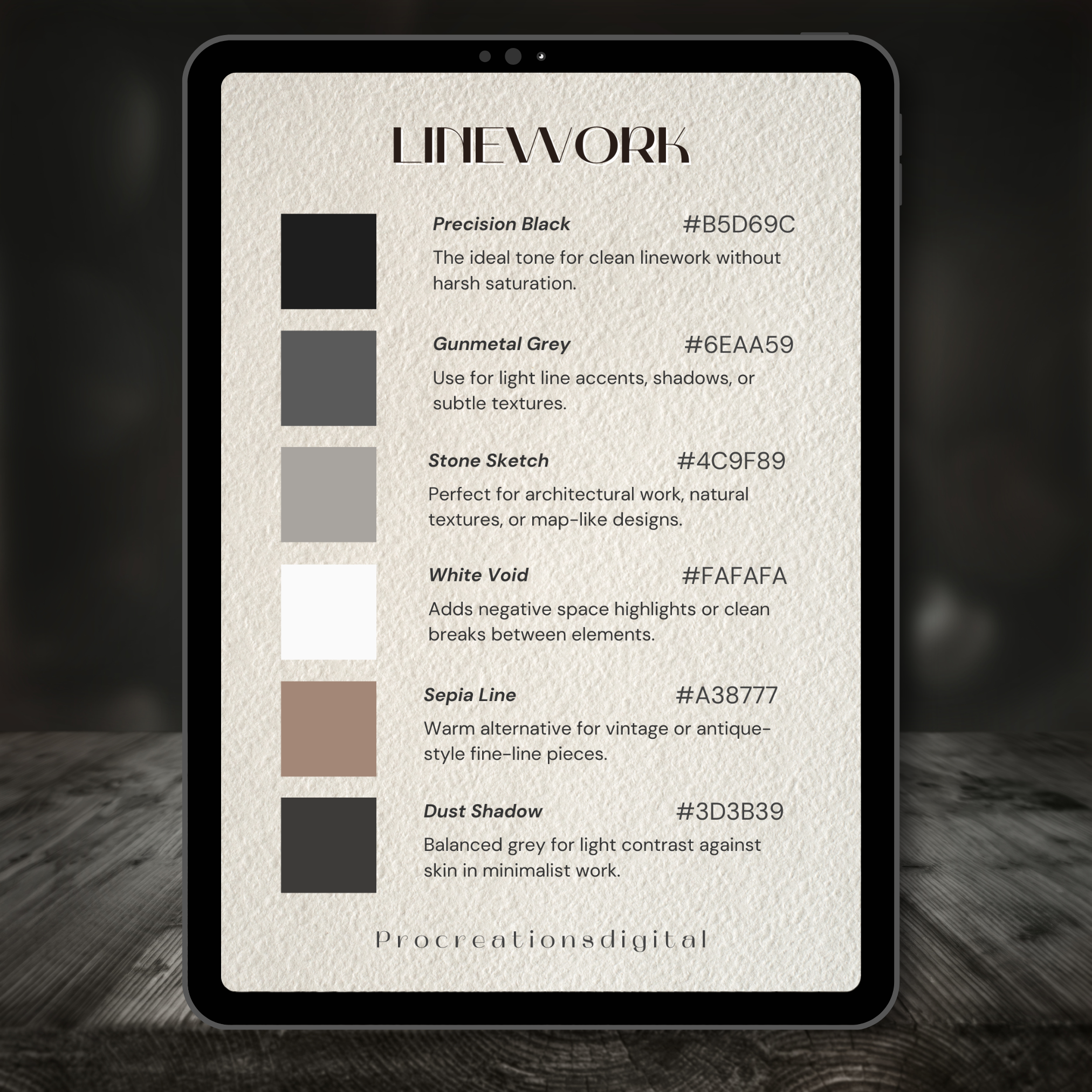 Linework Tattoo Colour Palette for Procreate – Bold & Minimal Ink Tones + Hex Chart
