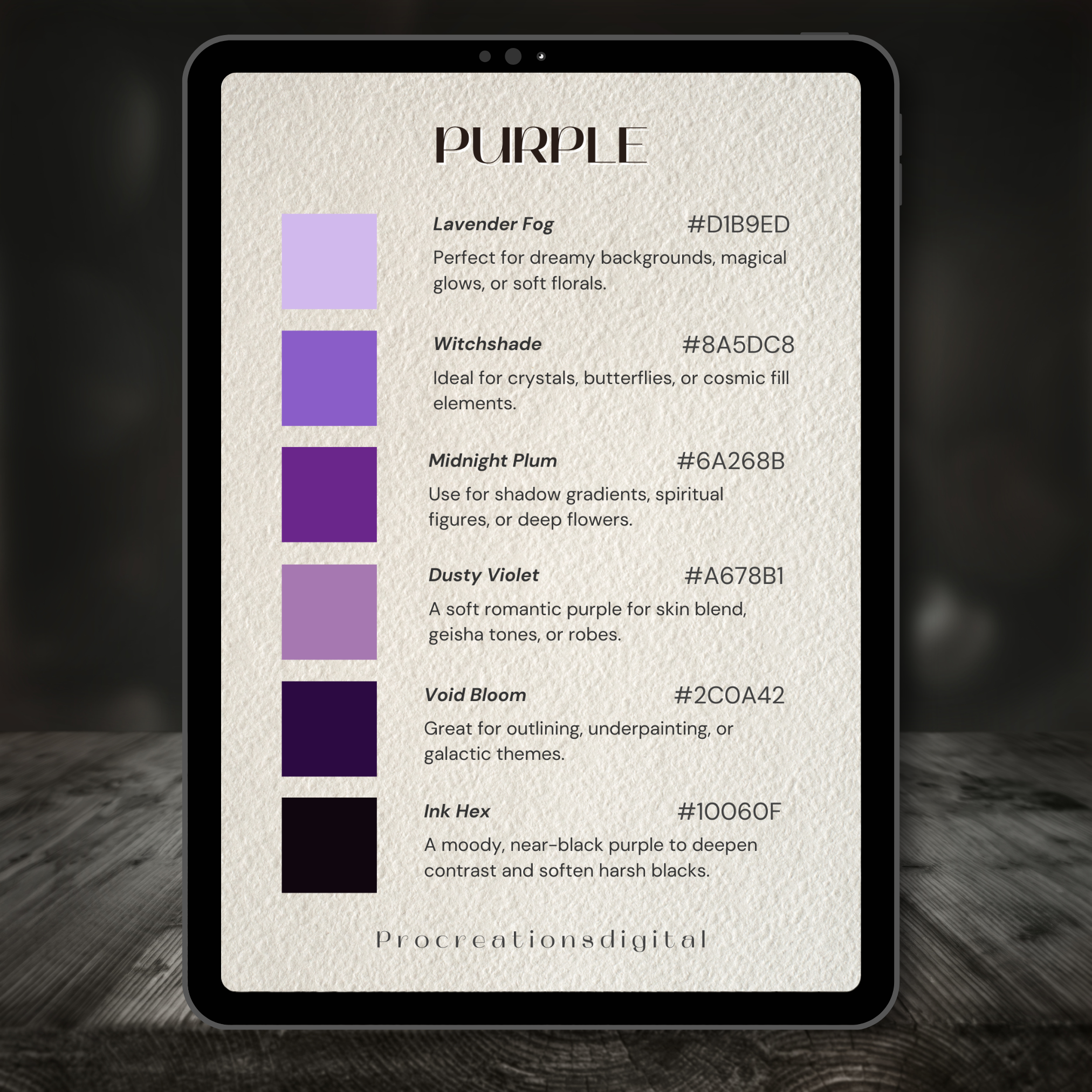 Purple Spectrum Tattoo Colour Palette for Procreate – Violet Ink Tones + Hex Chart