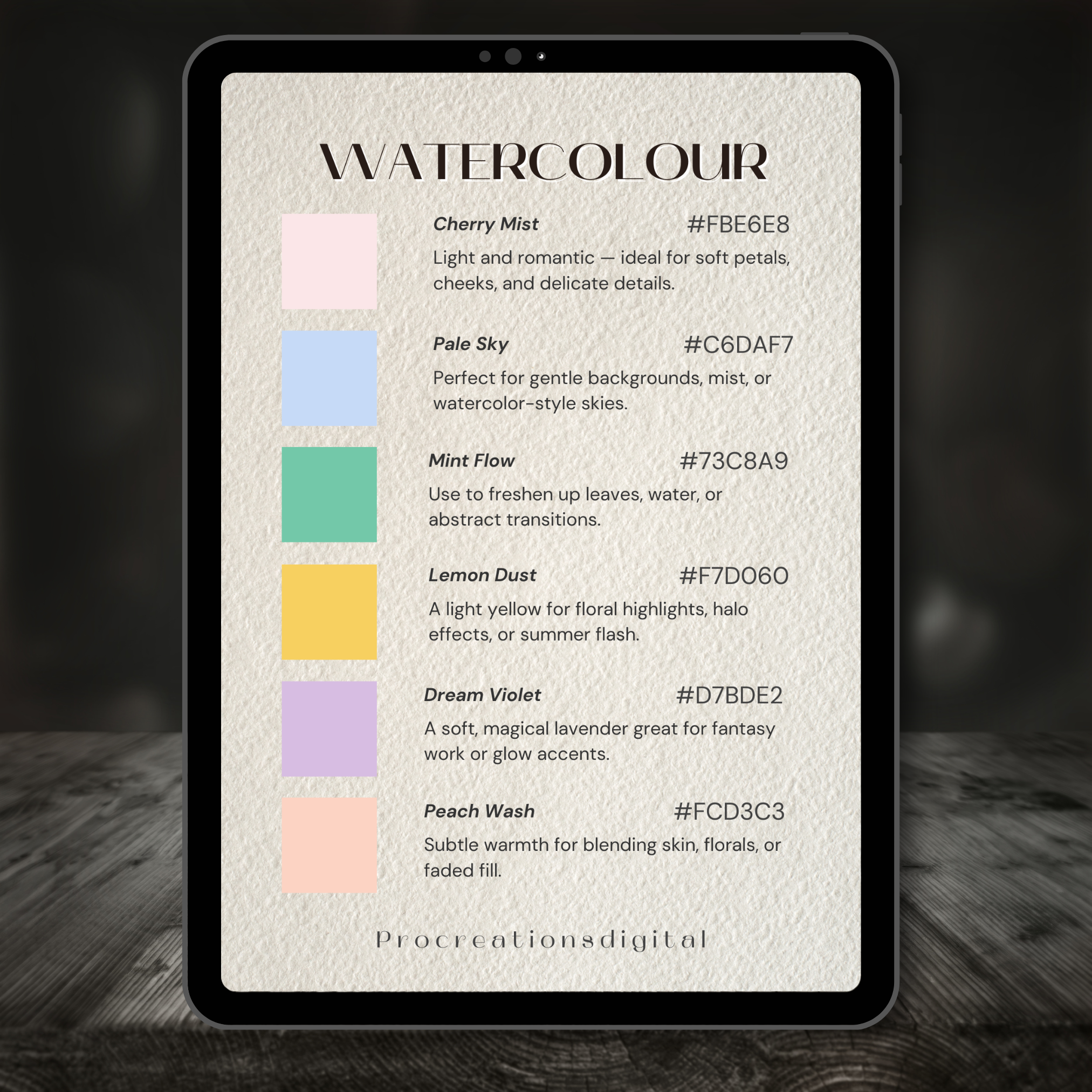 Watercolour Tattoo Colour Palette for Procreate – Soft Ink Swatches + Hex Chart