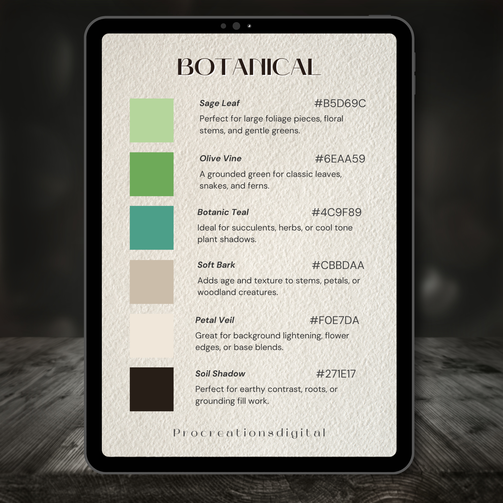 Botanical Tattoo Colour Palette for Procreate – Nature-Inspired Ink Tones + Hex Chart