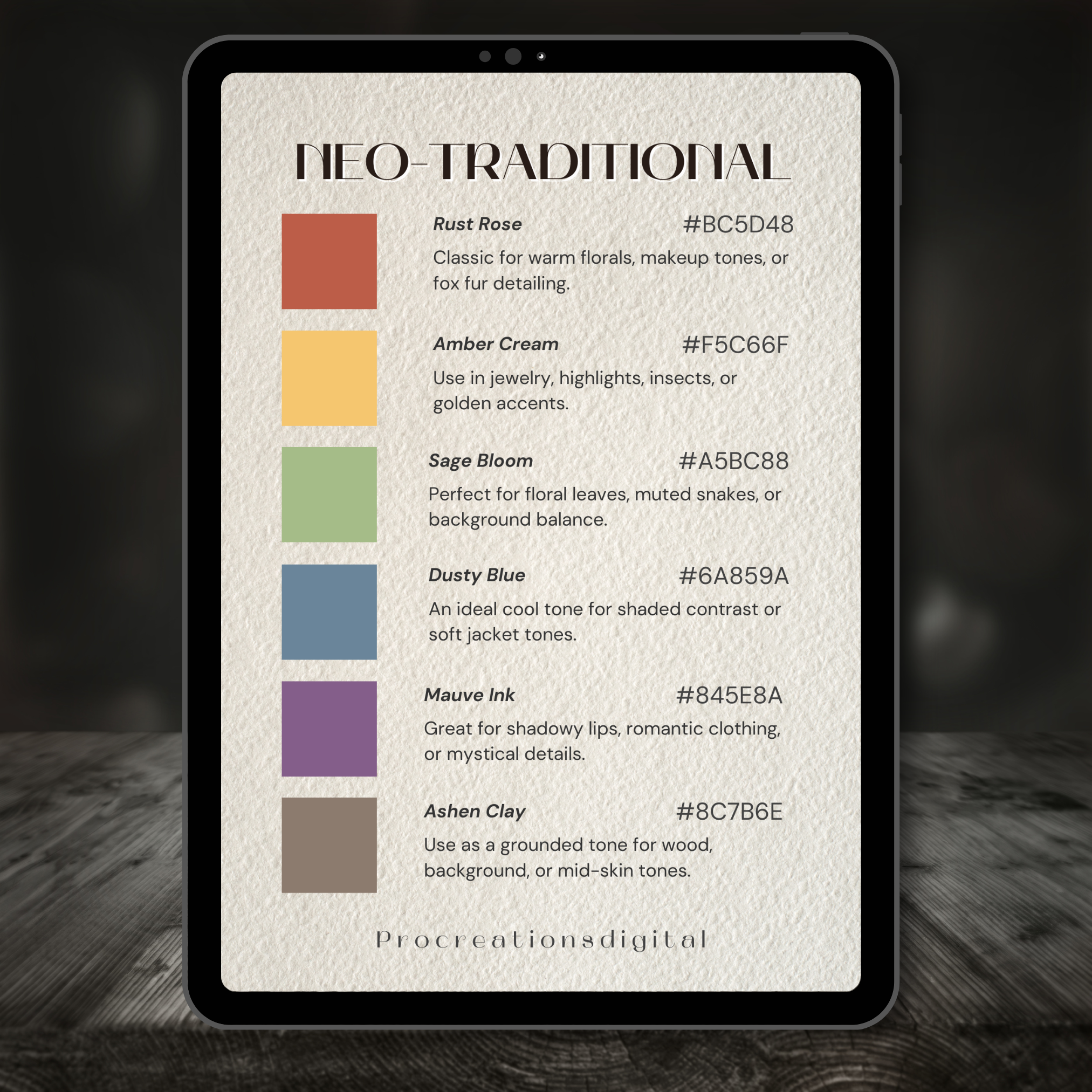 Neo-Traditional Tattoo Colour Palette for Procreate – Bold Ink Tones + Hex Chart