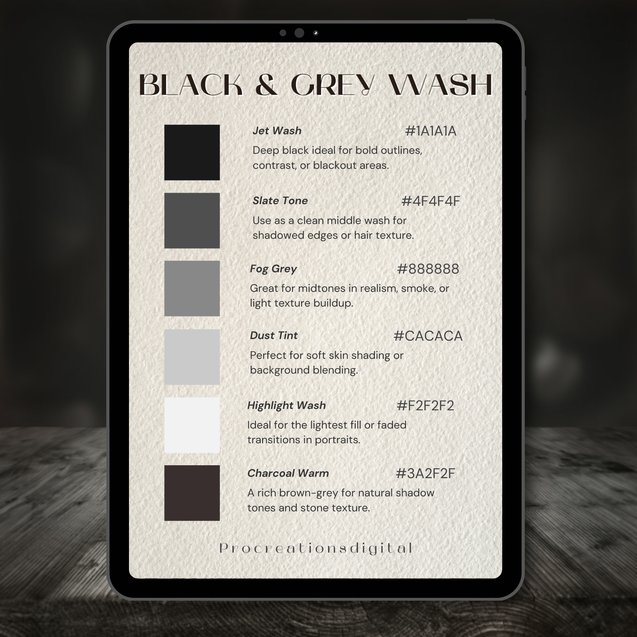 Black & Grey Tattoo Colour Palette for Procreate – Shading Tones + Hex Chart