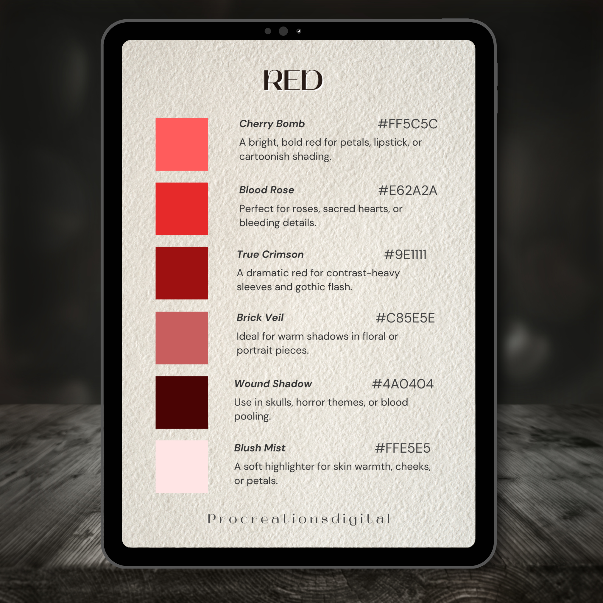 Red Spectrum Tattoo Colour Palette for Procreate – Bold Ink Tones + Hex Chart