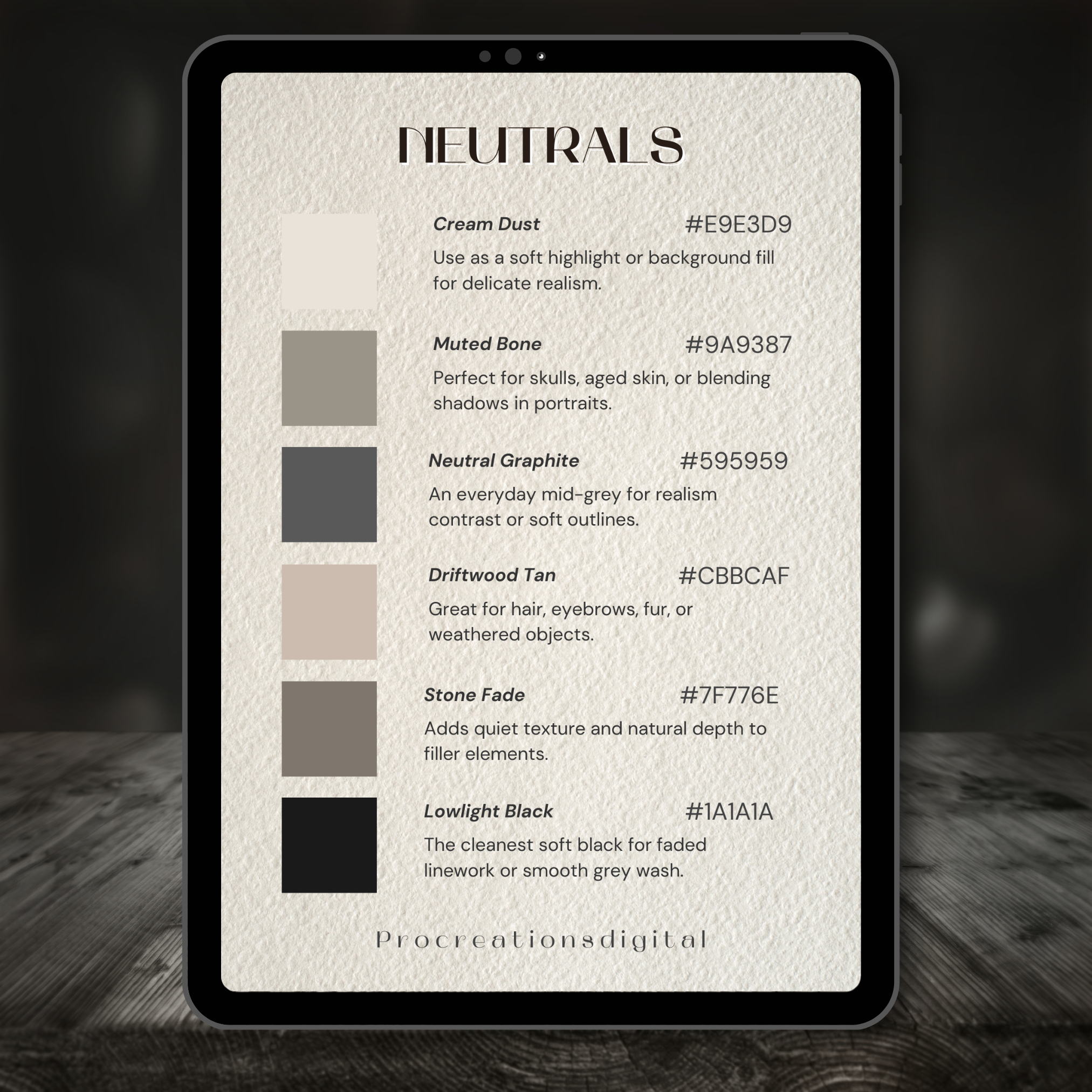 Neutral Tones Tattoo Colour Palette for Procreate – Soft Ink Shades + Hex Chart