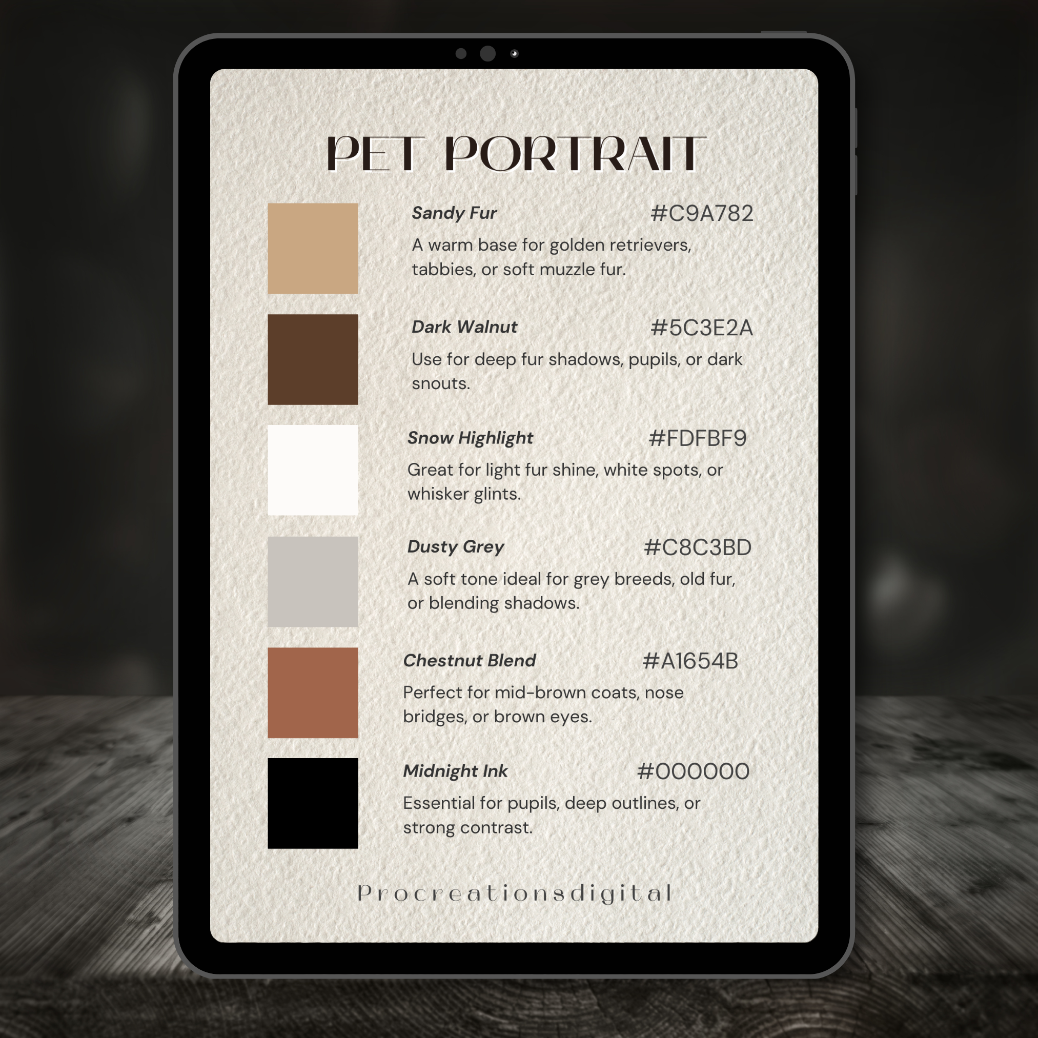 Pet Portrait Tattoo Colour Palette for Procreate – Animal Fur Ink Tones + Hex Chart
