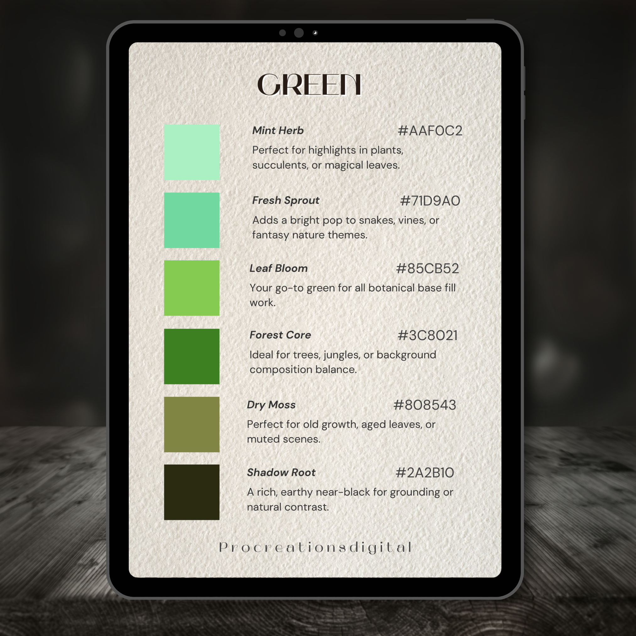 Green Spectrum Tattoo Colour Palette for Procreate – Nature-Inspired Ink Tones + Hex Chart