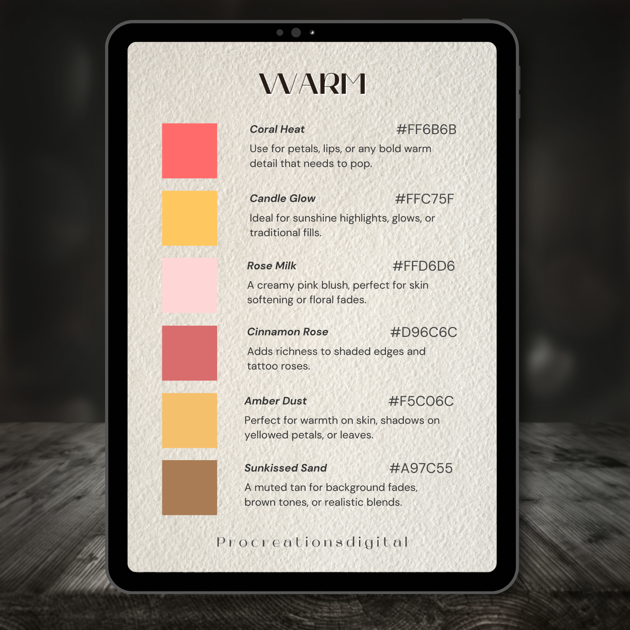 Warm Colours Tattoo Palette for Procreate – Red, Orange & Yellow Ink Tones + Hex Chart