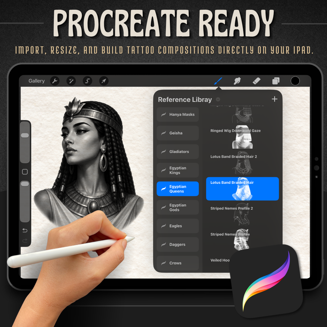 Egyptian Queens Procreate Brush Set | 40 Tattoo Designs + Stencils