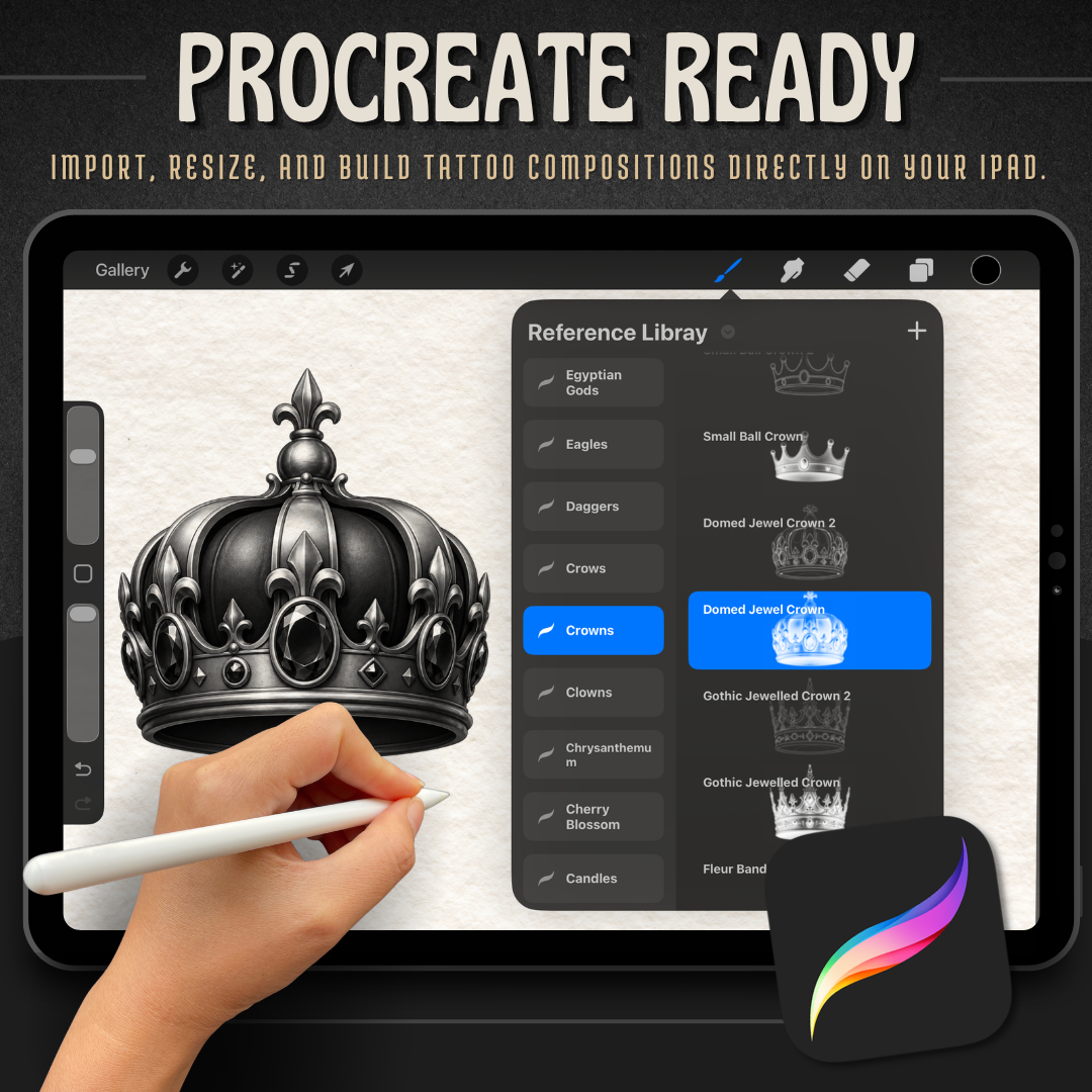 Crowns Procreate Brush Set | 40 Tattoo Designs + Stencils