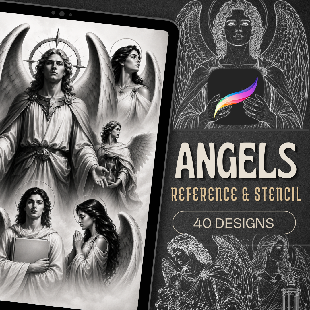 Angels Procreate Brush Set | 40 Tattoo Designs + Stencils