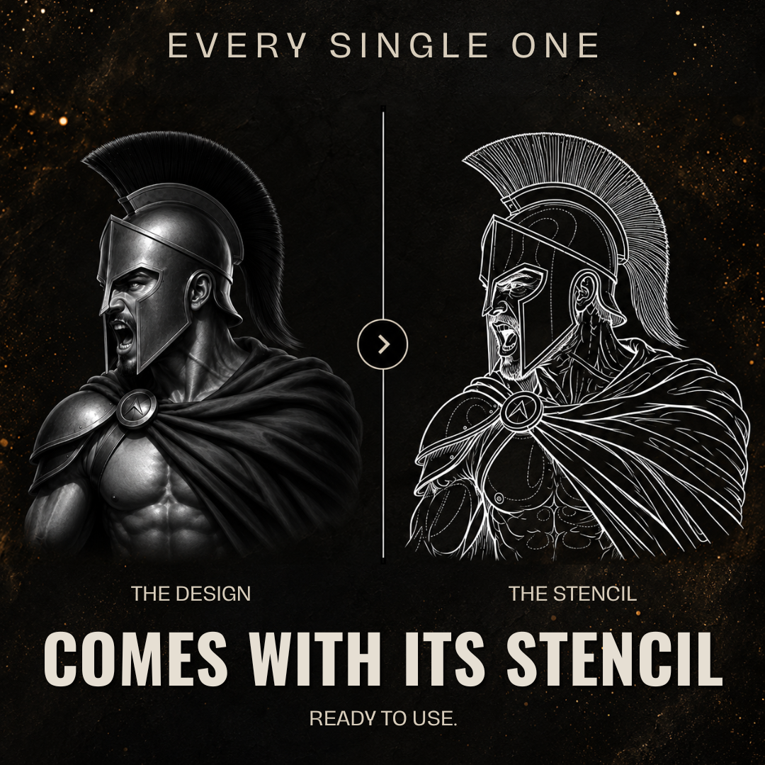 Spartan warrior tattoo reference design next to its matching tattoo stencil, ready to use in Procreate
