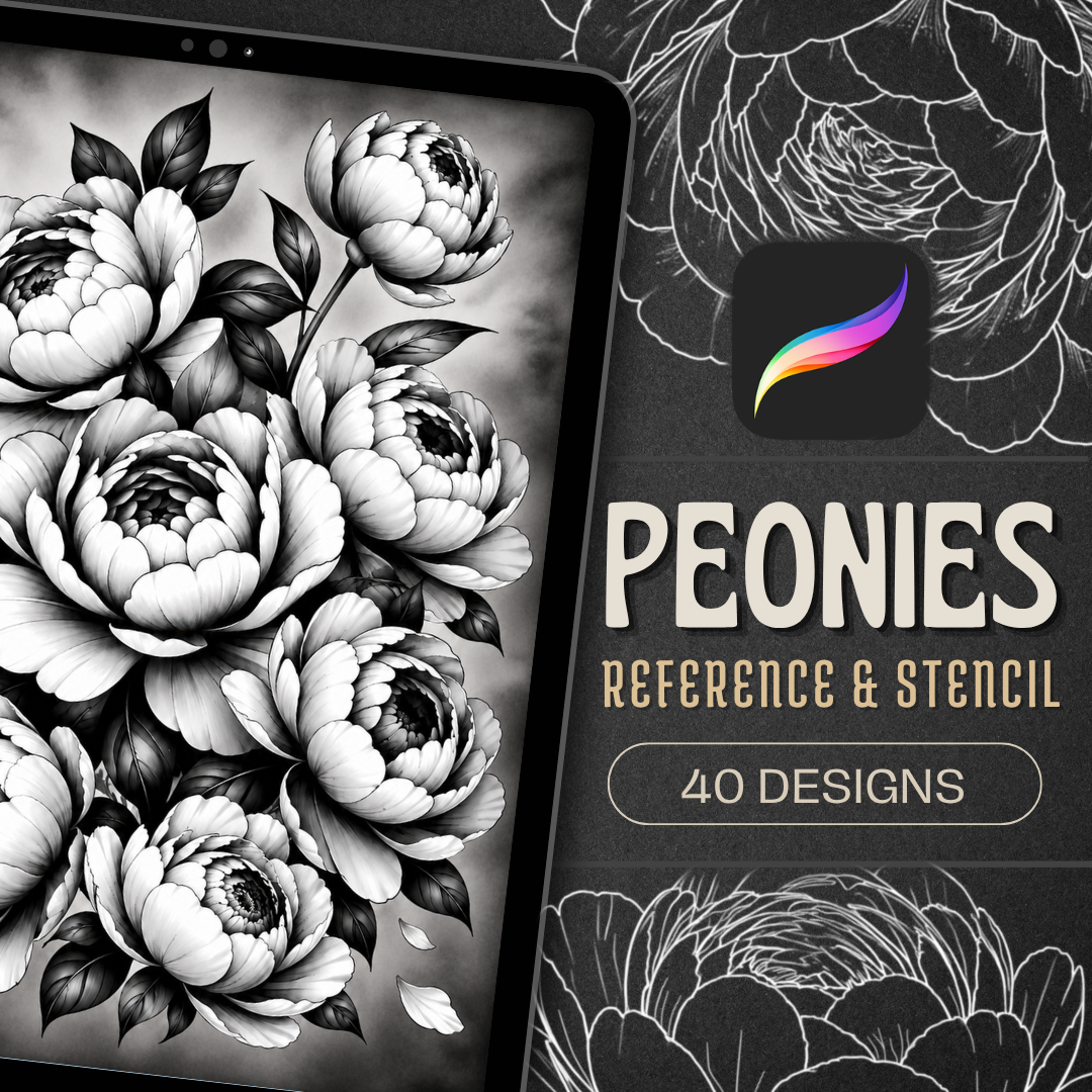 Peonies Procreate Brush Set | 40 Tattoo Designs + Stencils