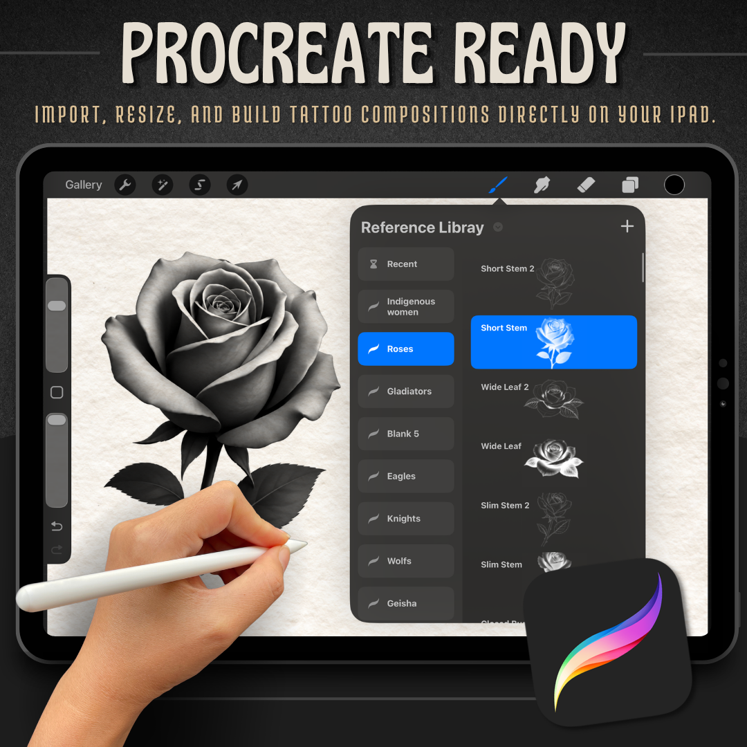 Roses Procreate tattoo brush stamp set — design 7