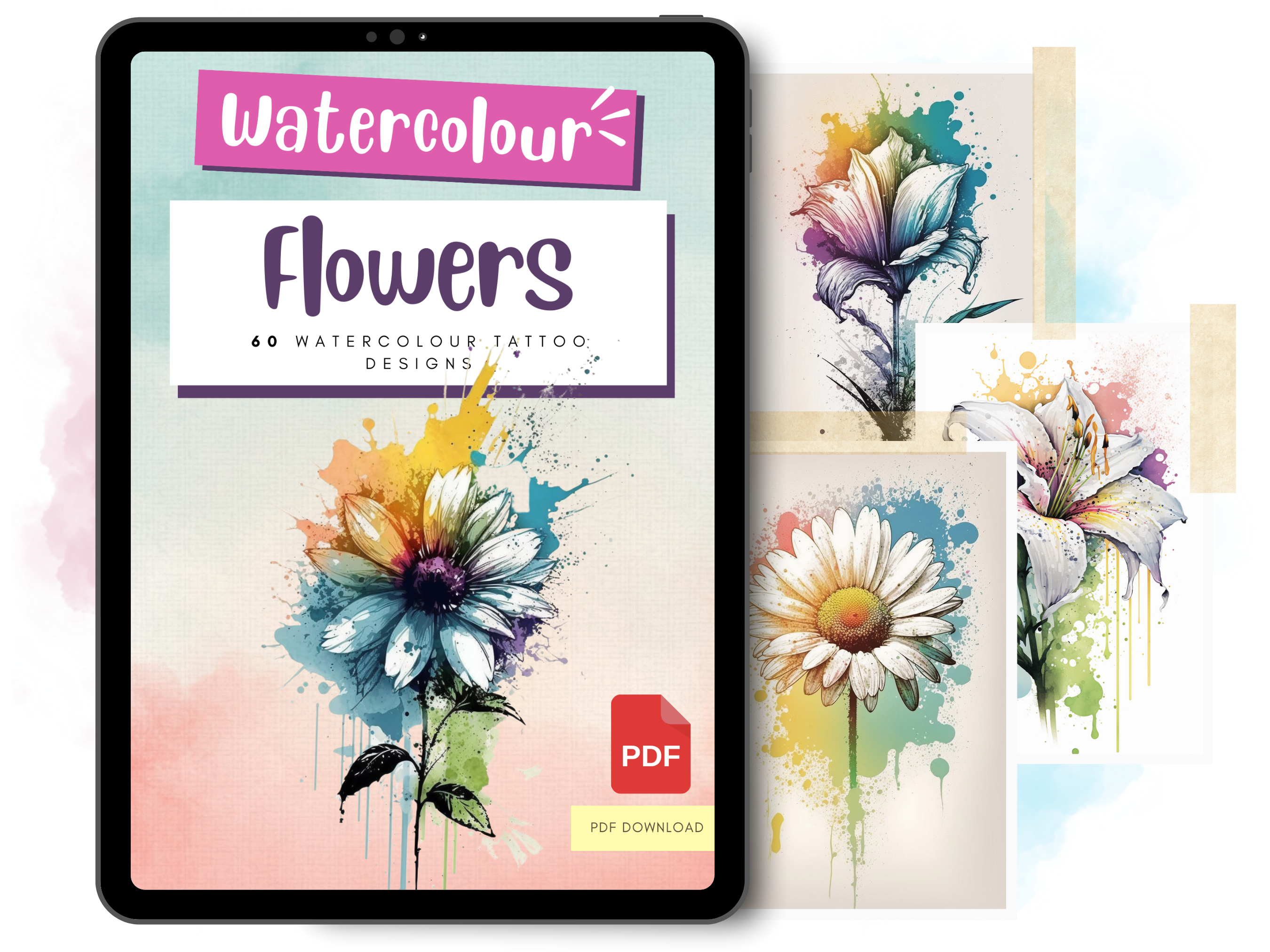 Diseños de tatuajes de acuarela de flores | Diseños de referencia en PDF para tatuajes