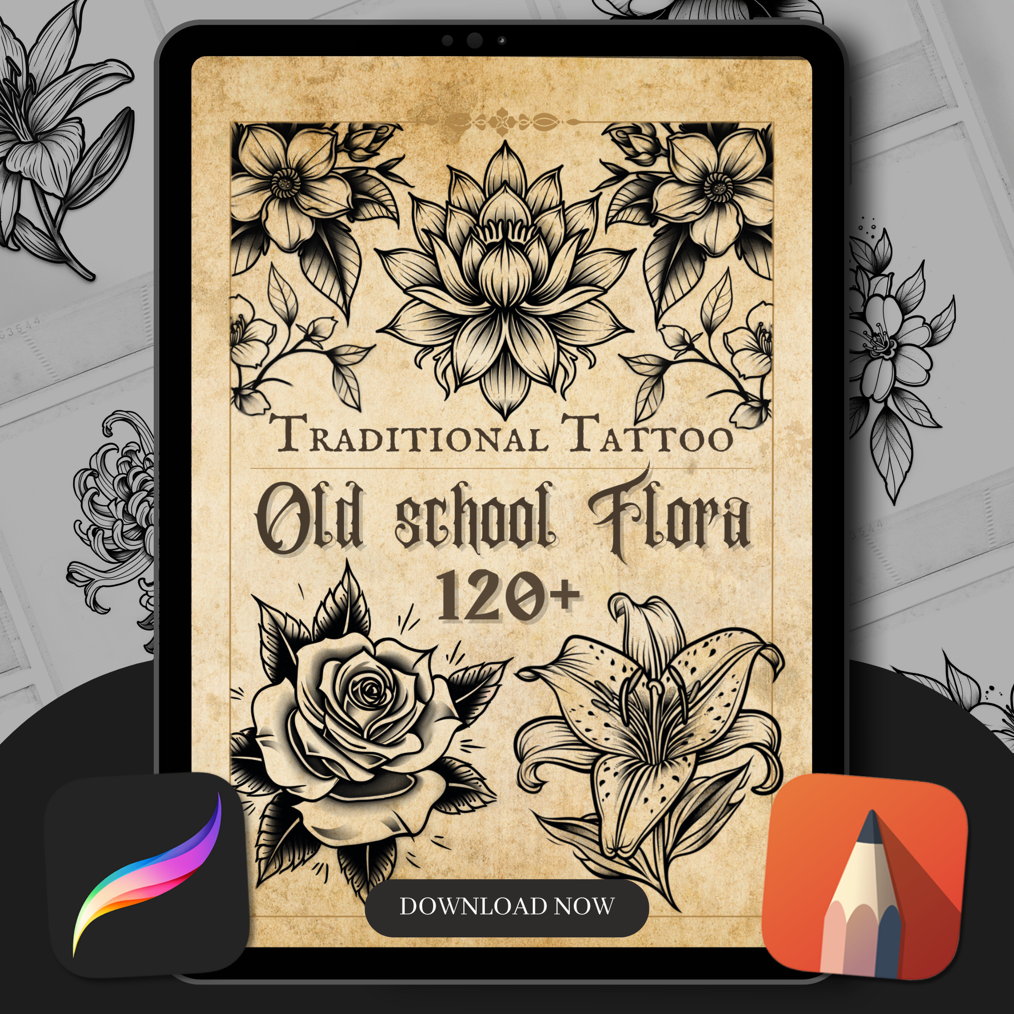 Traditional Old School Floral Flash Stamp Pack – Bold Floral Tattoo Designs for Procreate & Sketchbook