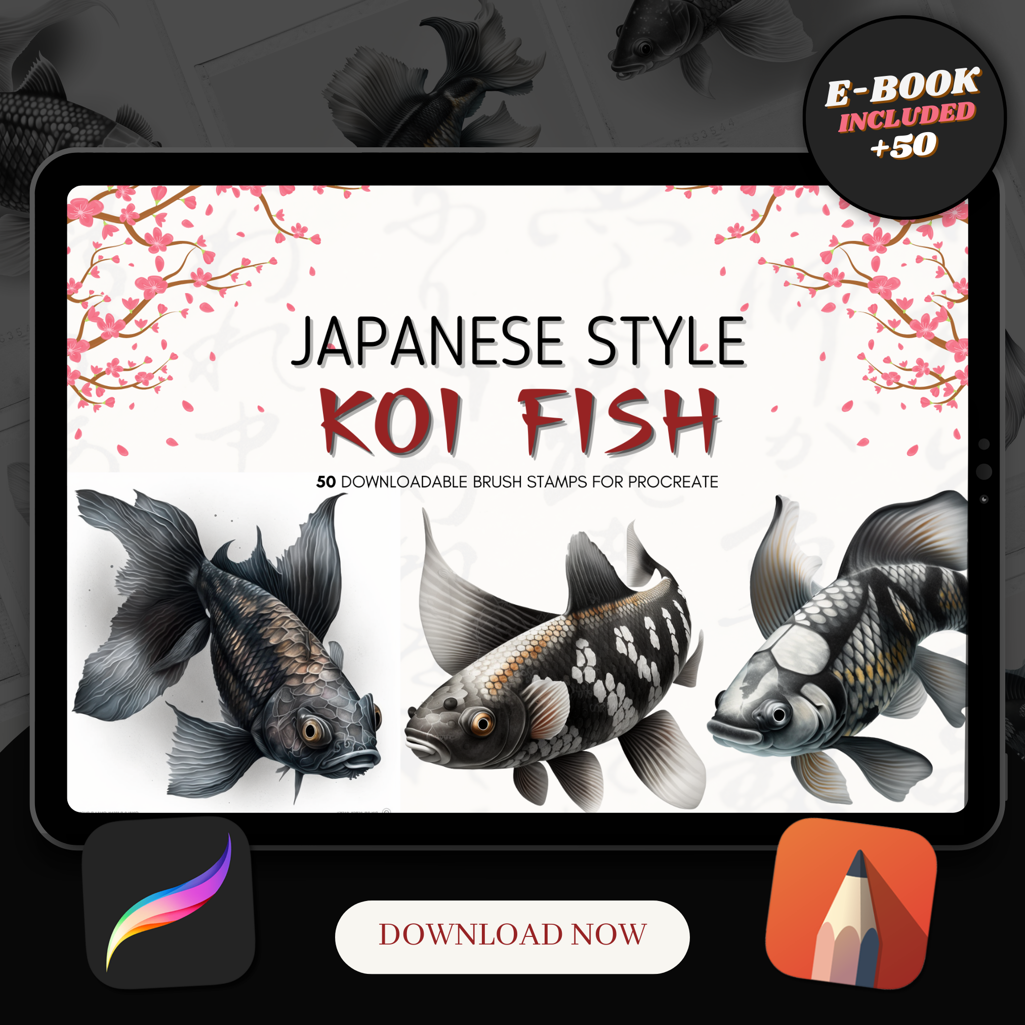 Digitale Referenzdesignsammlung „Koi Fish“: 50 Procreate- und Skizzenbuchbilder