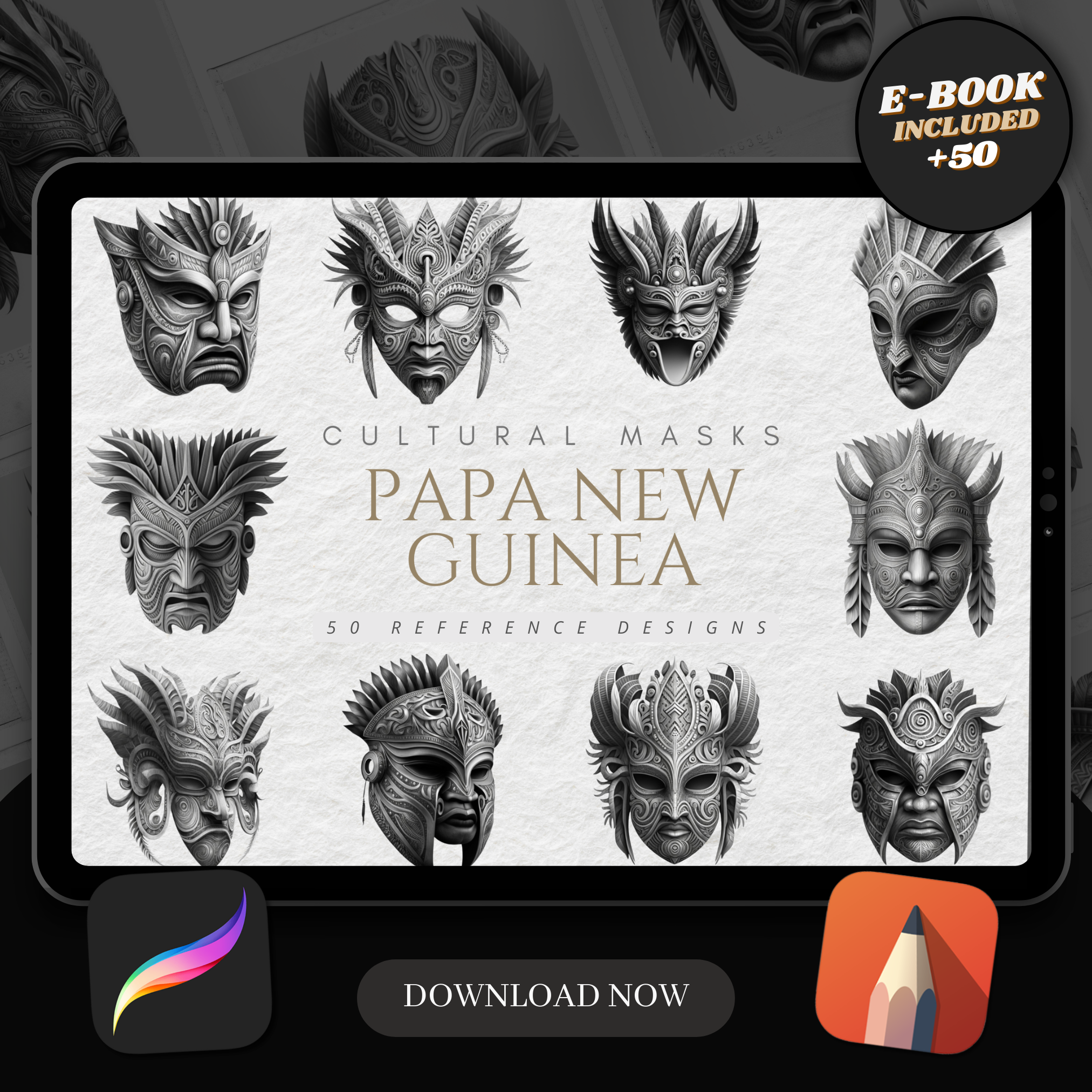Digitale Referenzdesignsammlung für Papua-Neuguinea-Masken: 50 Procreate- und Skizzenbuchbilder