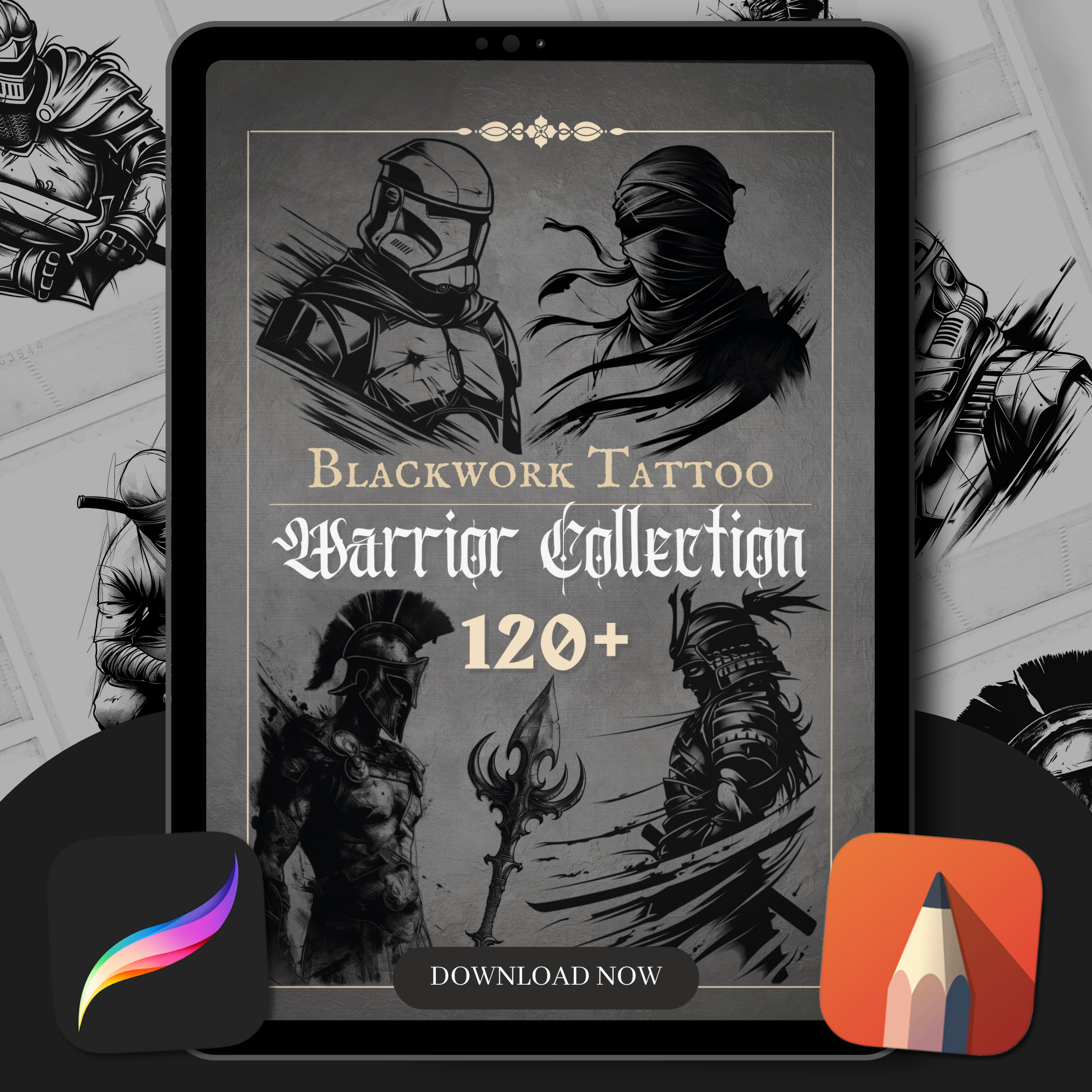 Blackwork Warriors Flash Stamp Pack – Bold Warrior Tattoo Designs for Procreate & Sketchbook