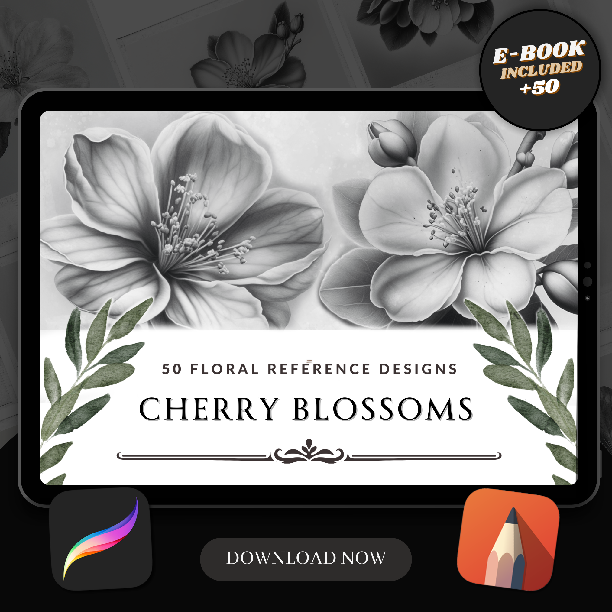 Digitale Designsammlung „Kirschblüten“: 50 Procreate- und Skizzenbuchbilder
