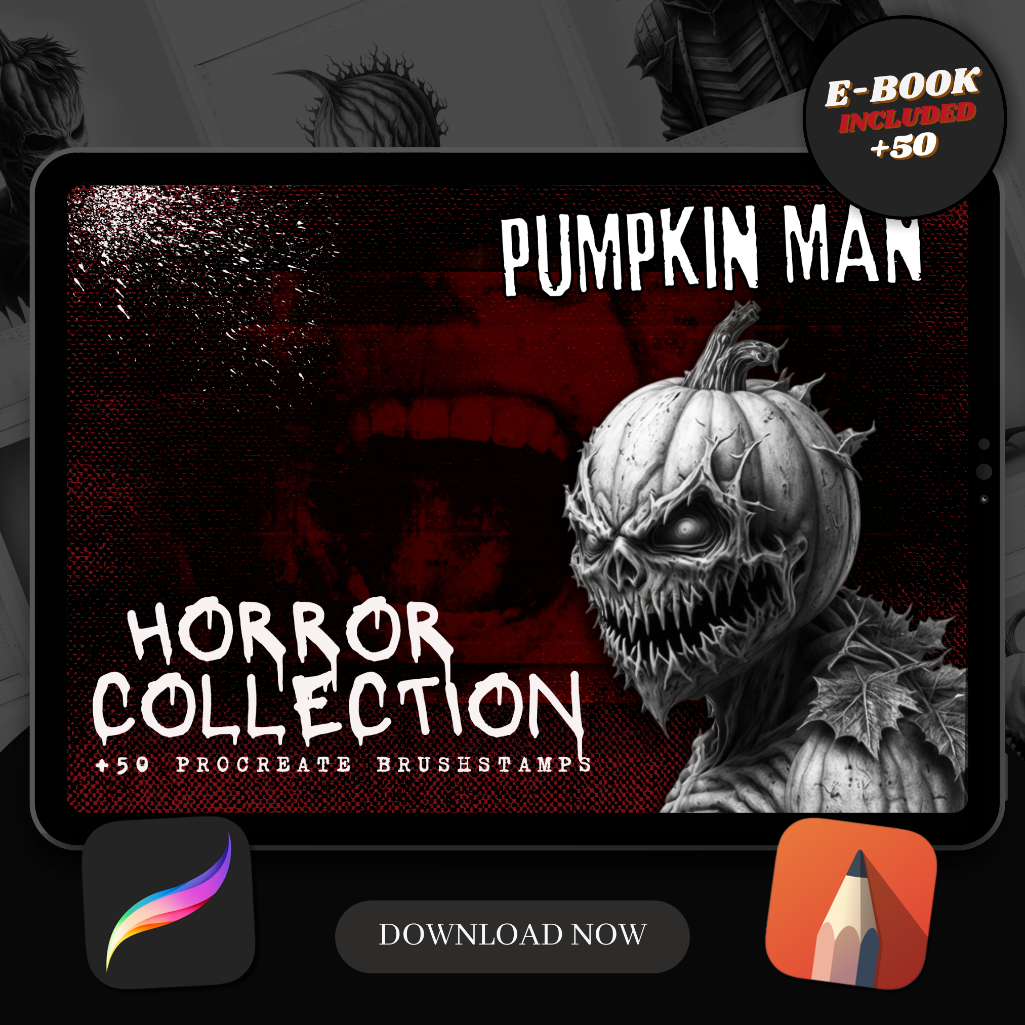 Colección de diseños de terror digital Pumpkin Man: 50 imágenes de Procreate y Sketchbook