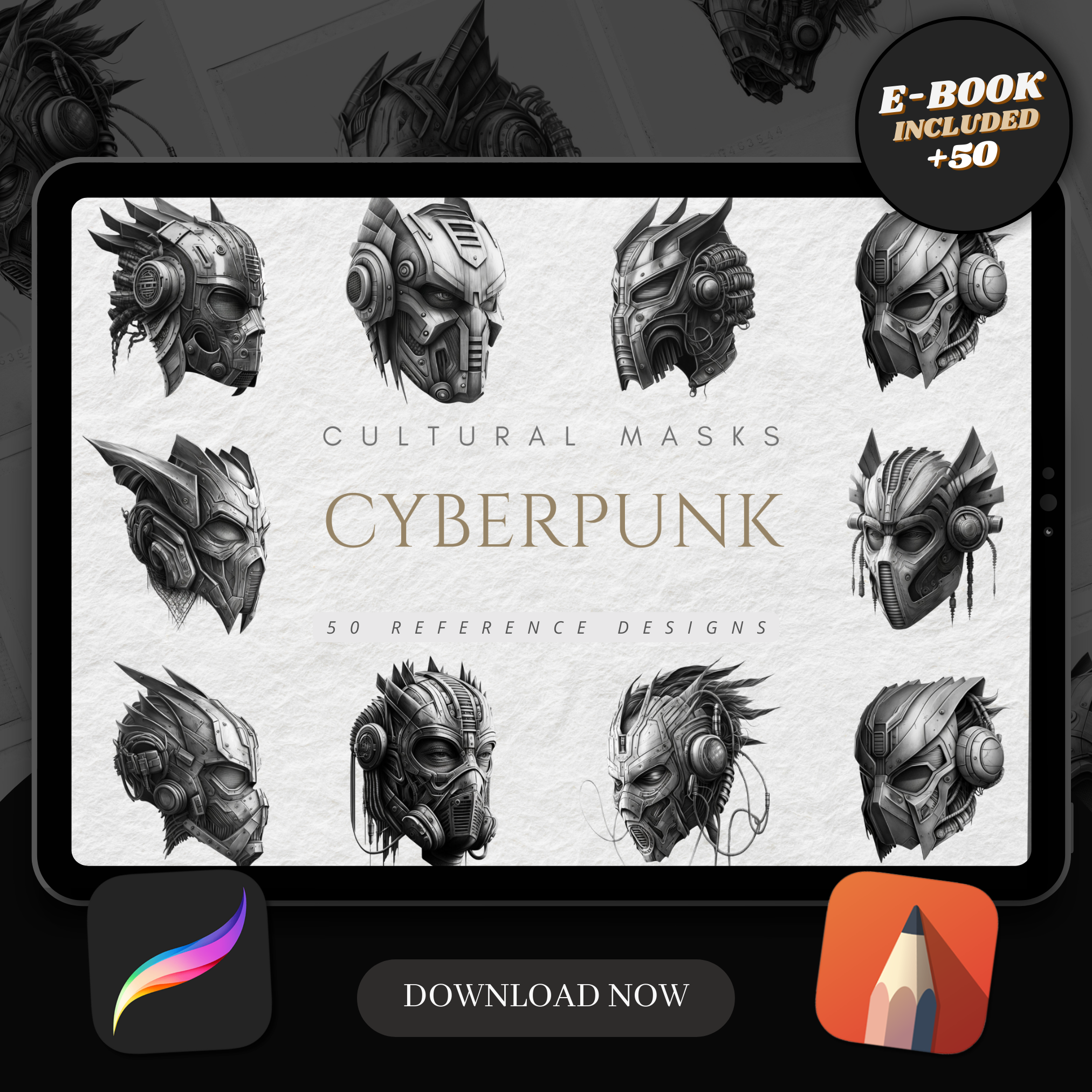 Digitale Referenzdesignsammlung für Cyberpunk-Masken: 50 Procreate- und Skizzenbuchbilder