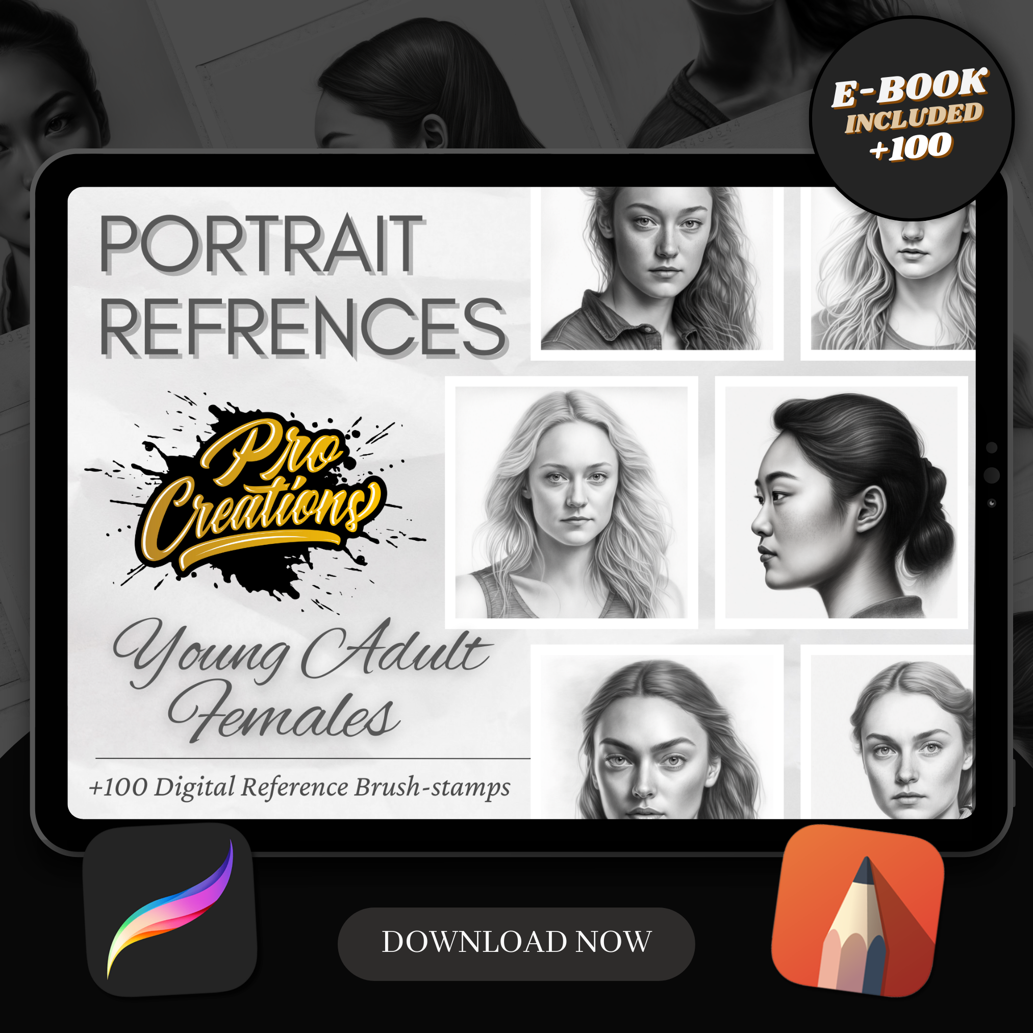 Digitale Designsammlung mit Porträts junger erwachsener Frauen: 100 Procreate- und Skizzenbuchbilder