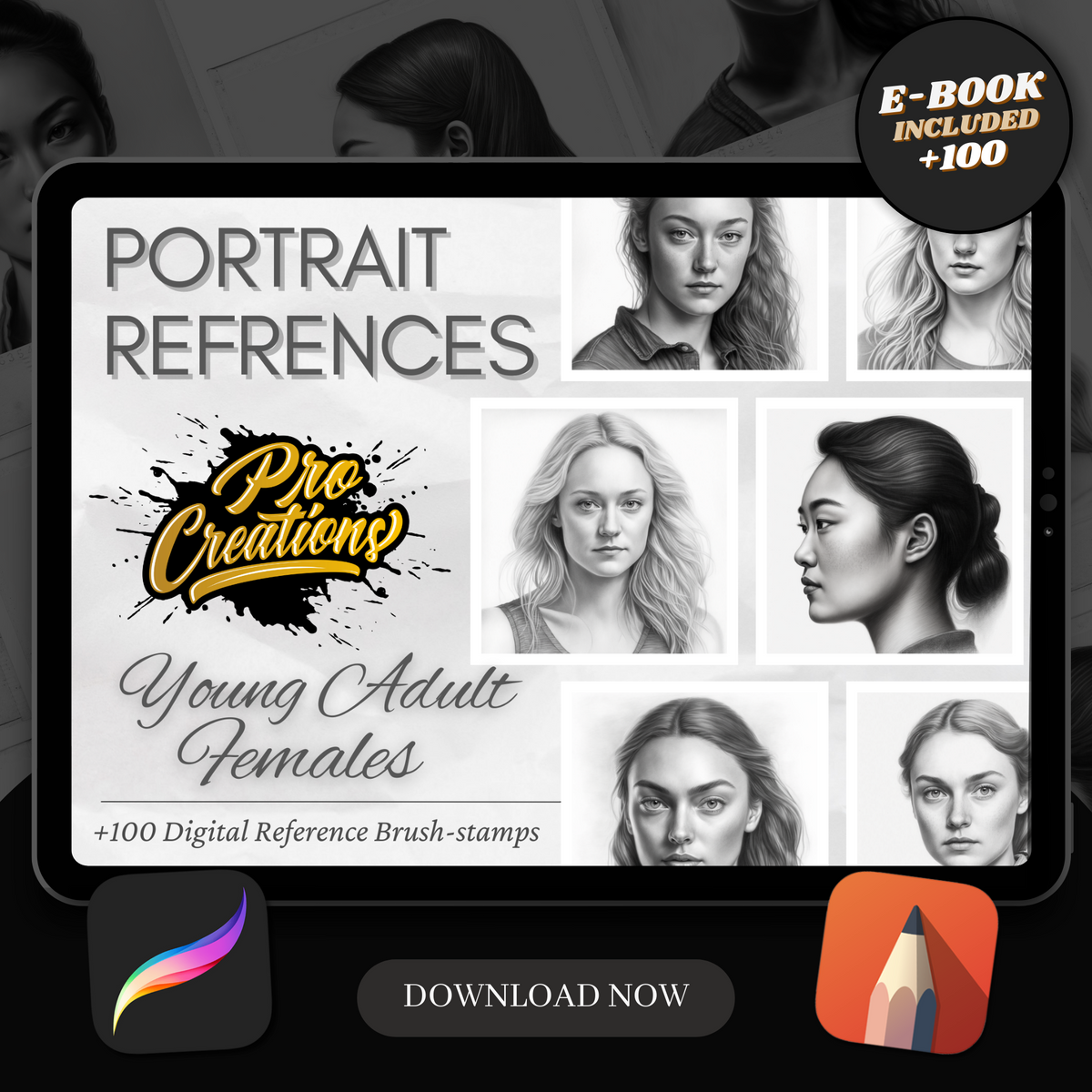 Young Adult Female Portraits Digital Design Collection: 100 Procreate