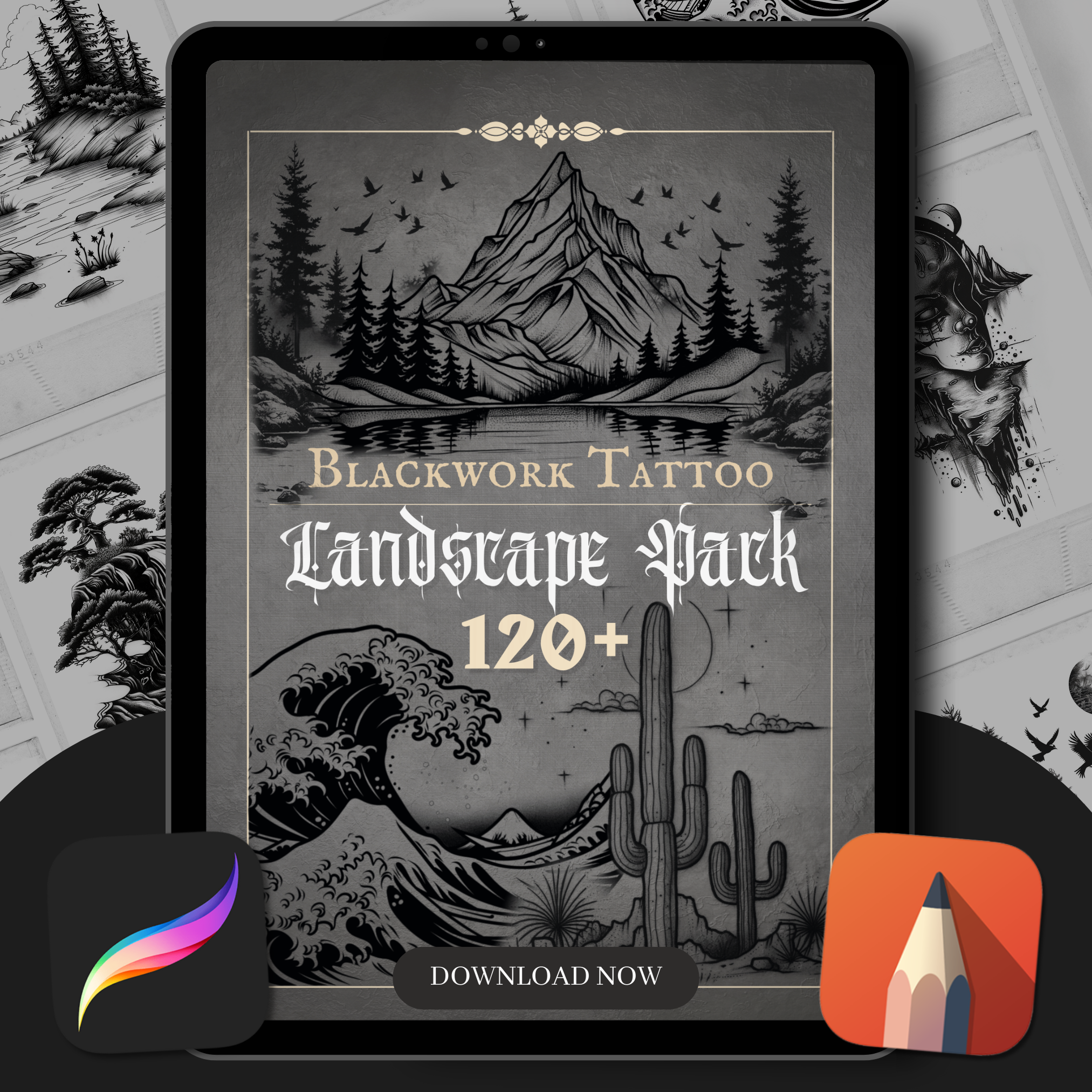 Blackwork Landscapes Flash Stamp Pack – Bold Scenic Tattoo Designs for Procreate & Sketchbook