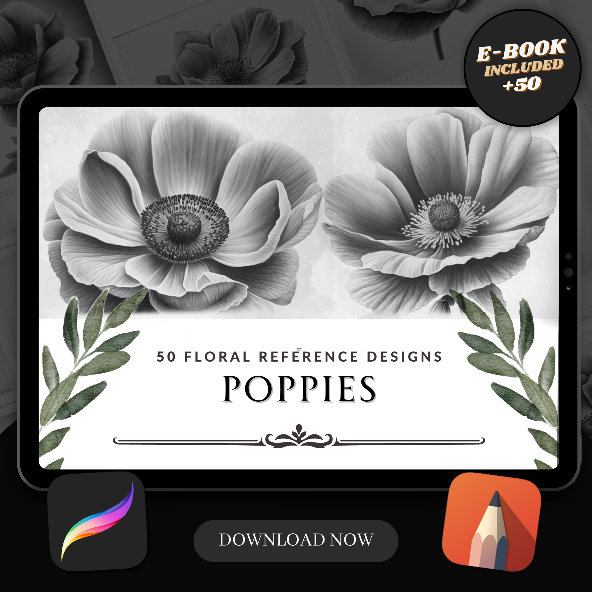 Digitale Designsammlung „Mohnblumen“: 50 Procreate- und Skizzenbuchbilder
